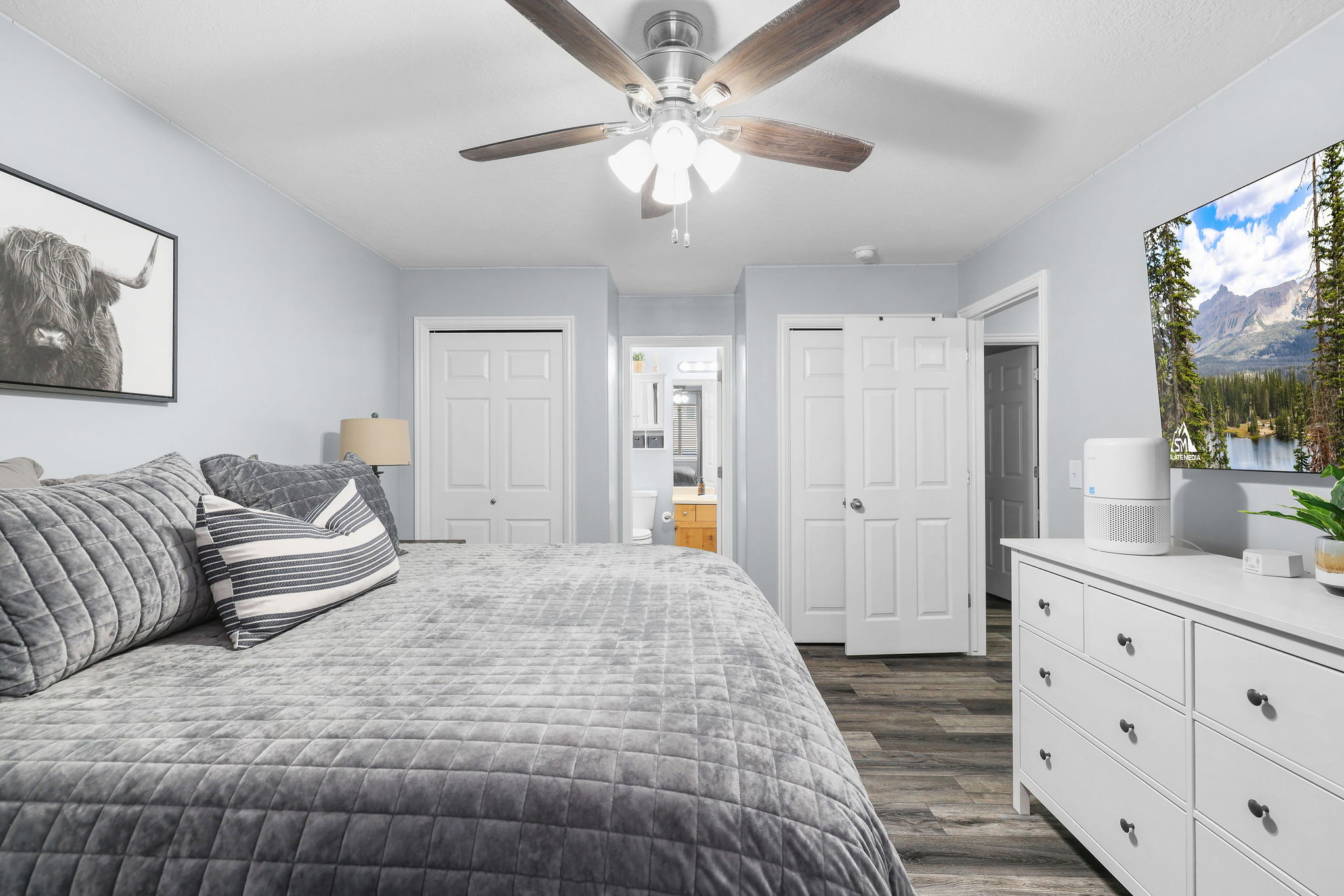 Master bedroom, looking towards double closets and full, attached bathroom