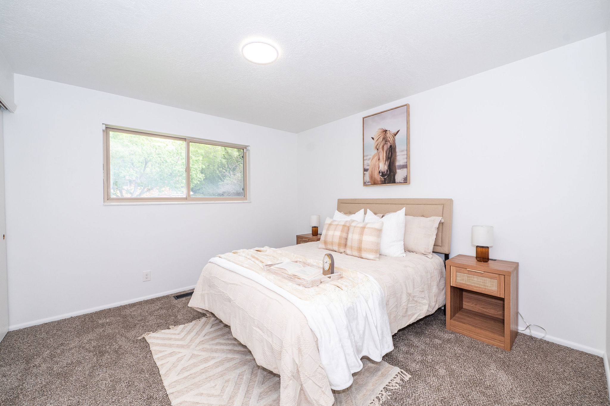 Bright interior space featuring a window with exterior tree views, wall-to-wall carpeting, a recessed ceiling light, and white painted walls