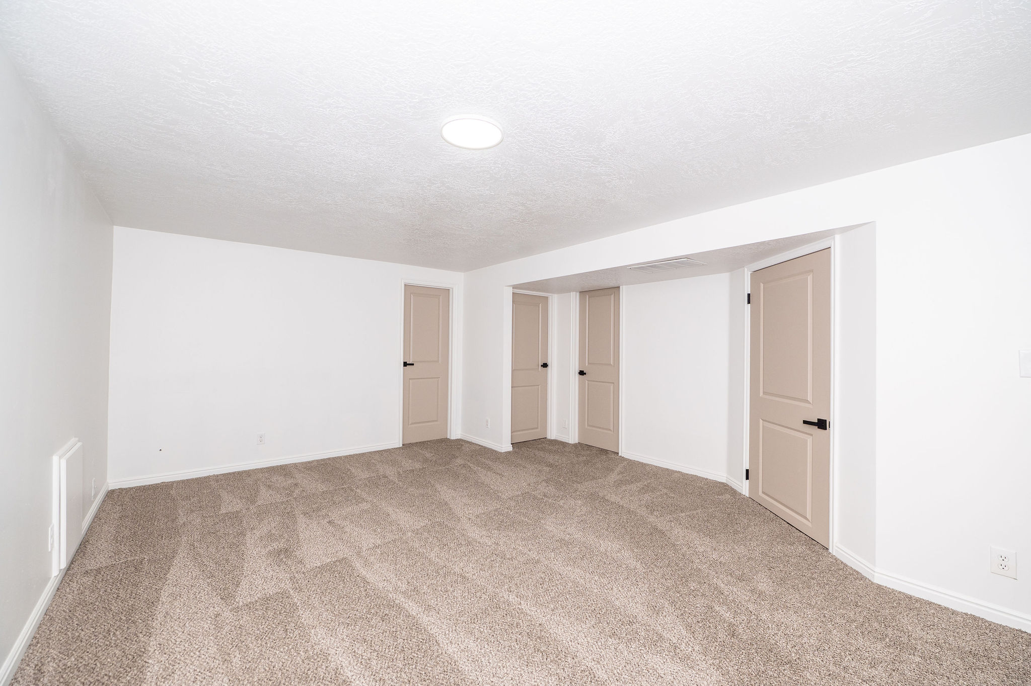 Spacious room featuring neutral-toned carpeting, white walls, and multiple panel doors with black hardware