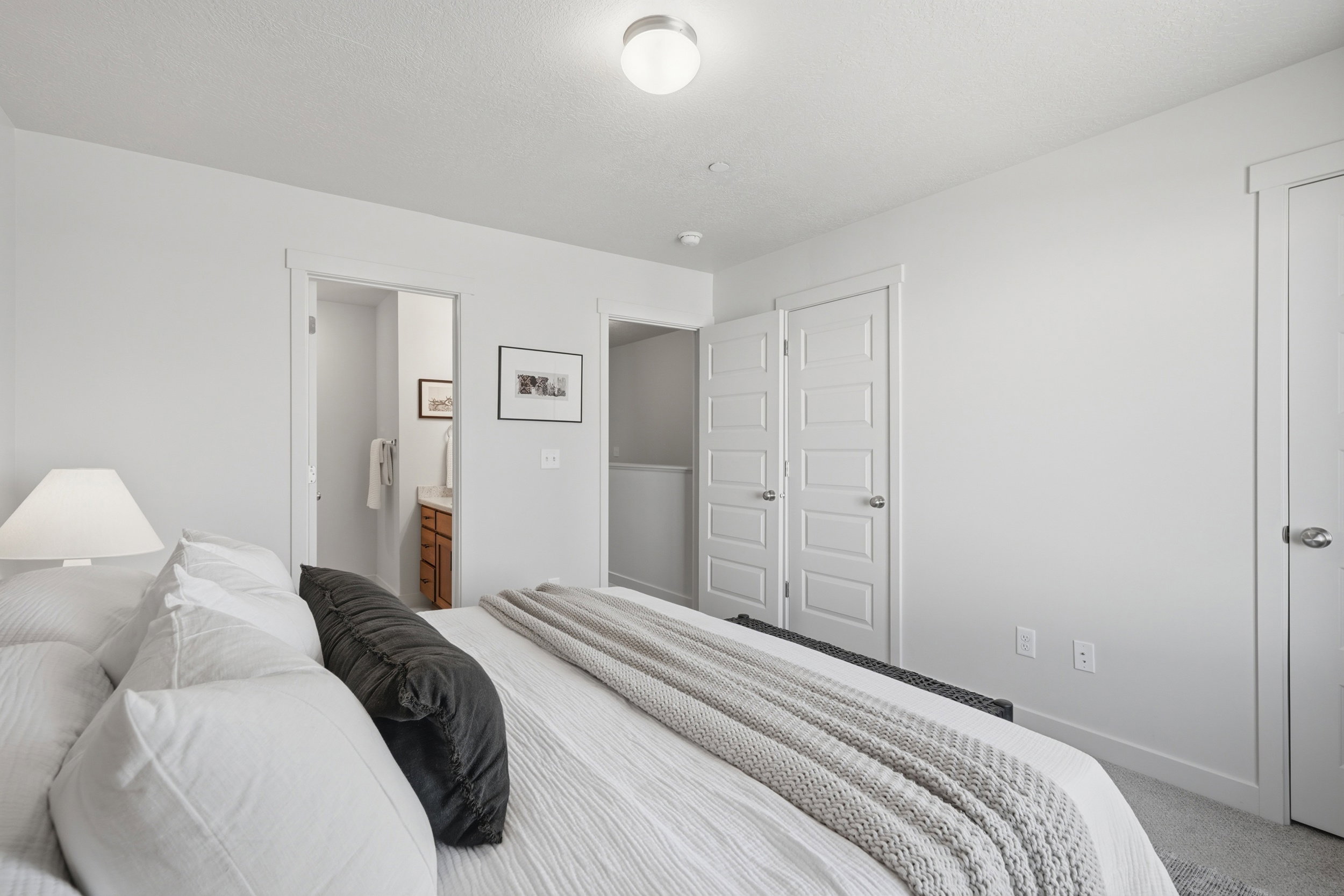 Bright bedroom featuring light gray carpeting and white walls