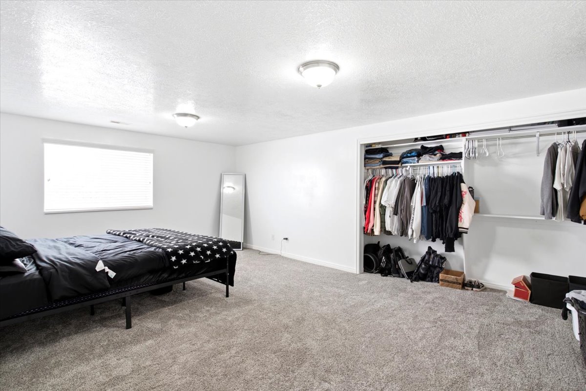 Spacious bedroom featuring plush gray carpeting, a large window with blinds, and recessed lighting
