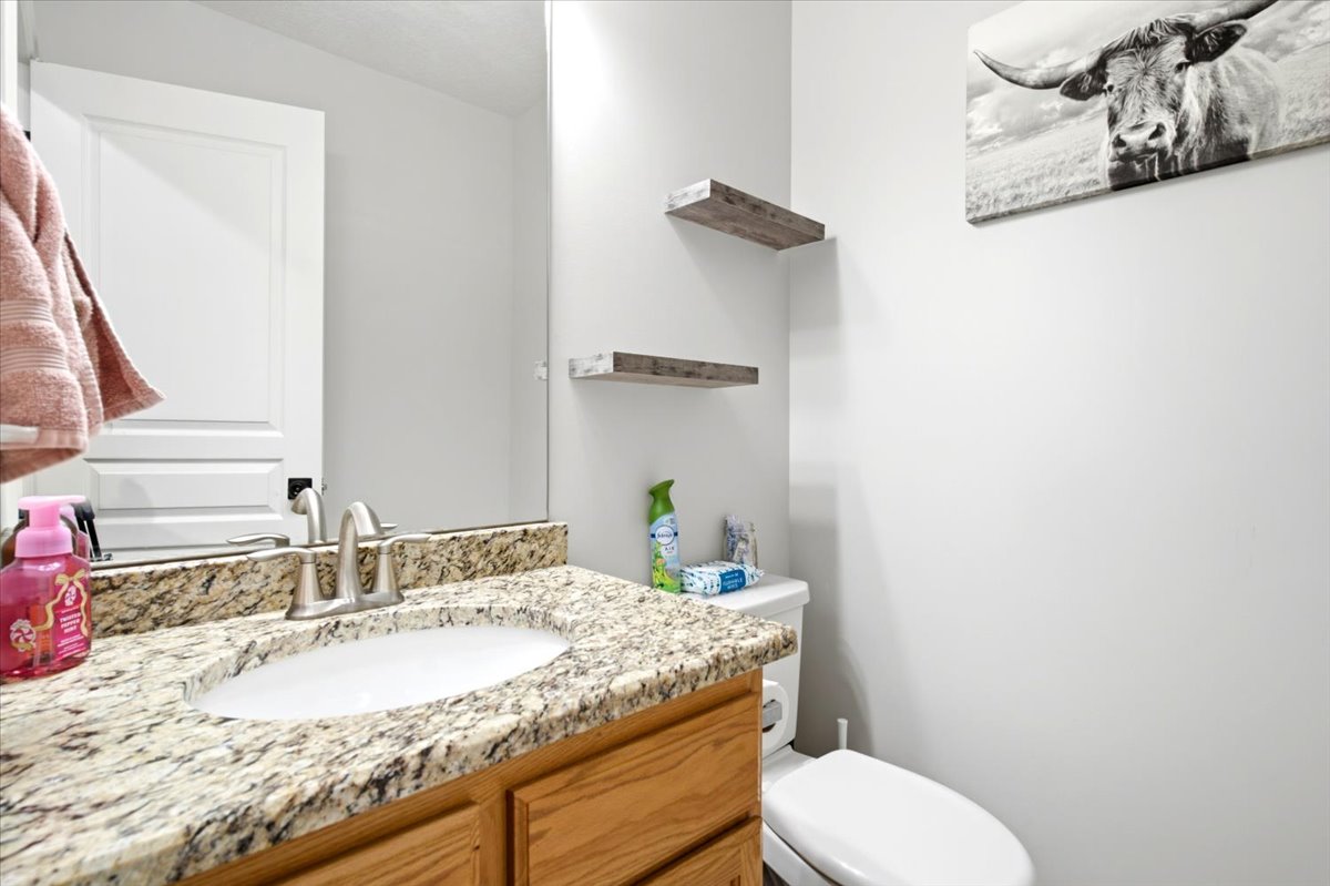 Bathroom vanity featuring a light wood-finish cabinet, a speckled granite countertop, and an undermount sink with a brushed nickel faucet