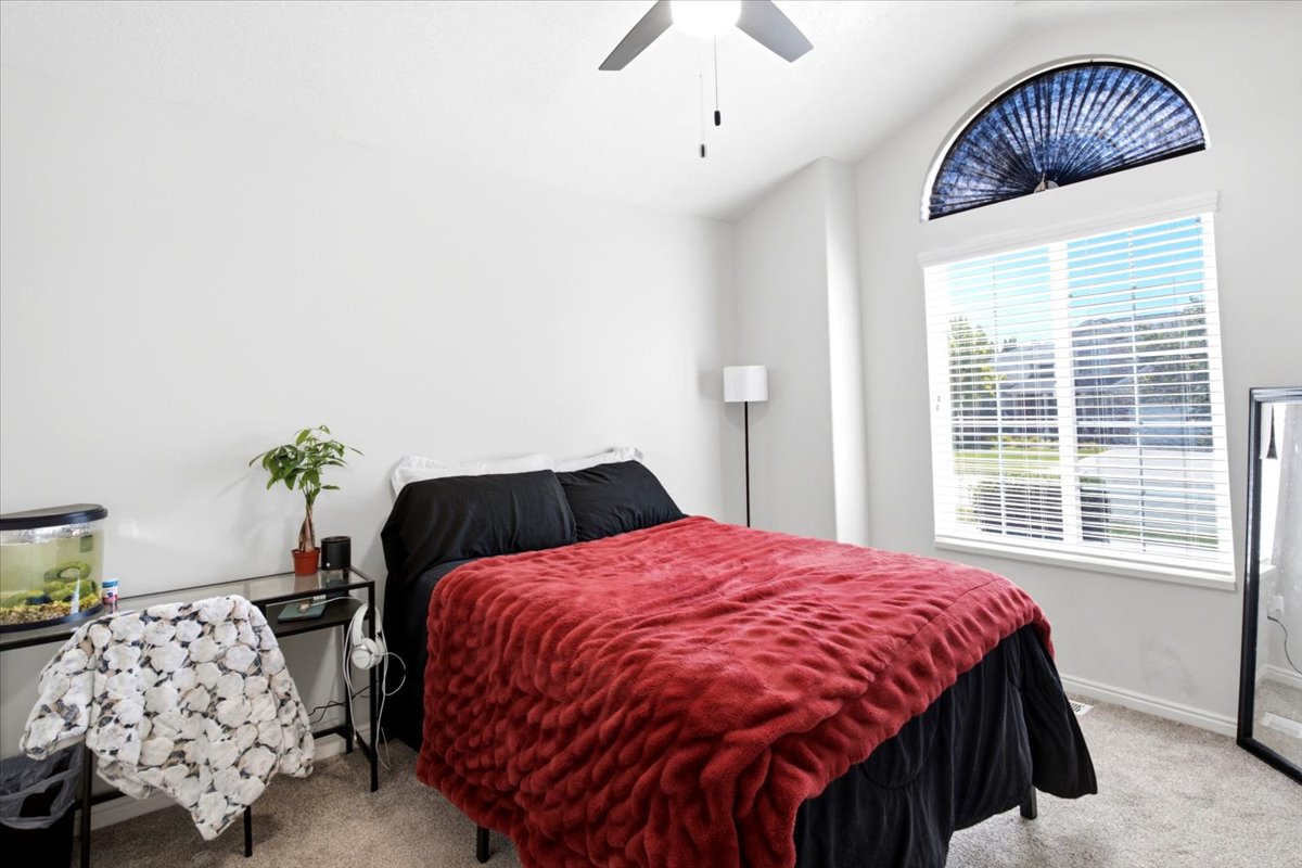 Vaulted ceiling bedroom featuring an arched window, white horizontal blinds, and a ceiling fan with integrated lighting