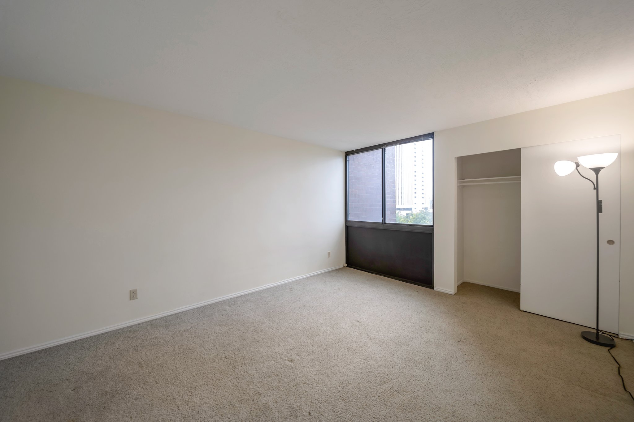 Carpeted room featuring a large window, white walls, and a built-in closet with sliding doors