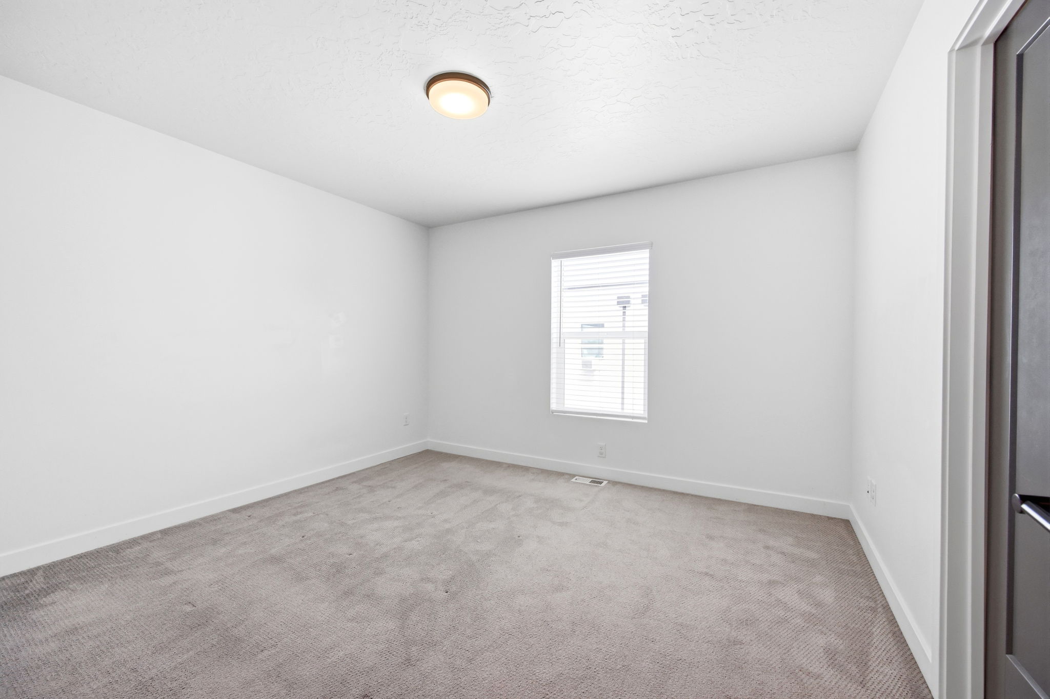 Neutral-toned carpet flooring and white baseboards