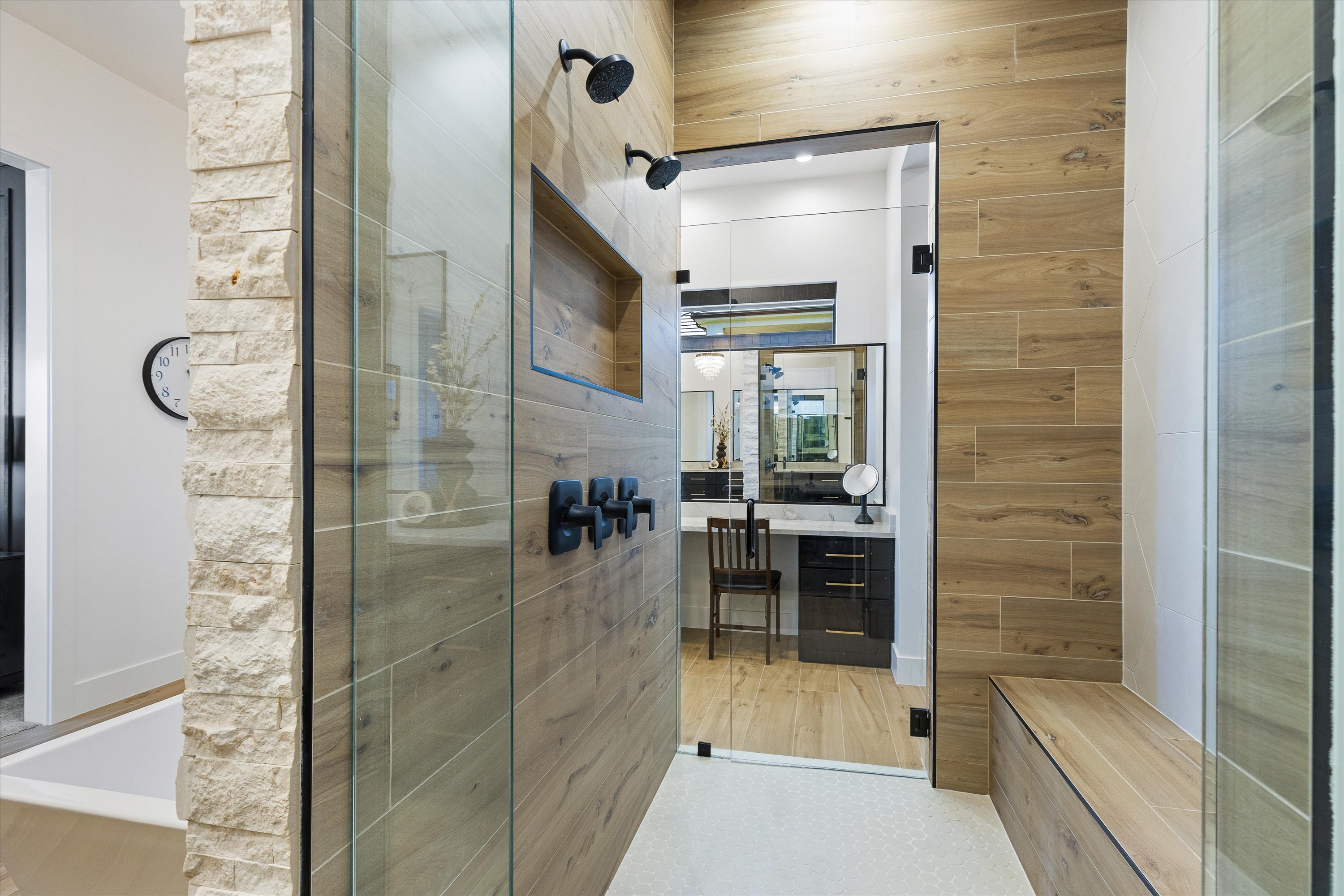 Walk-in Shower Rain Head, 2 Shower Heads, Huge Bench and Shampoo Niche