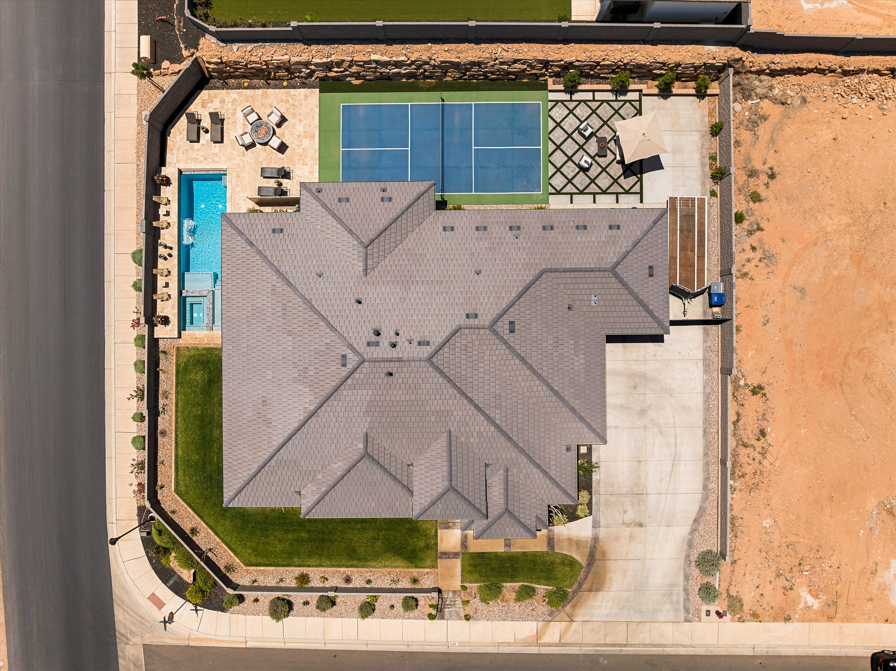 Aerial View Showing RV Parking, Pickleball, & Saltwater Pool
