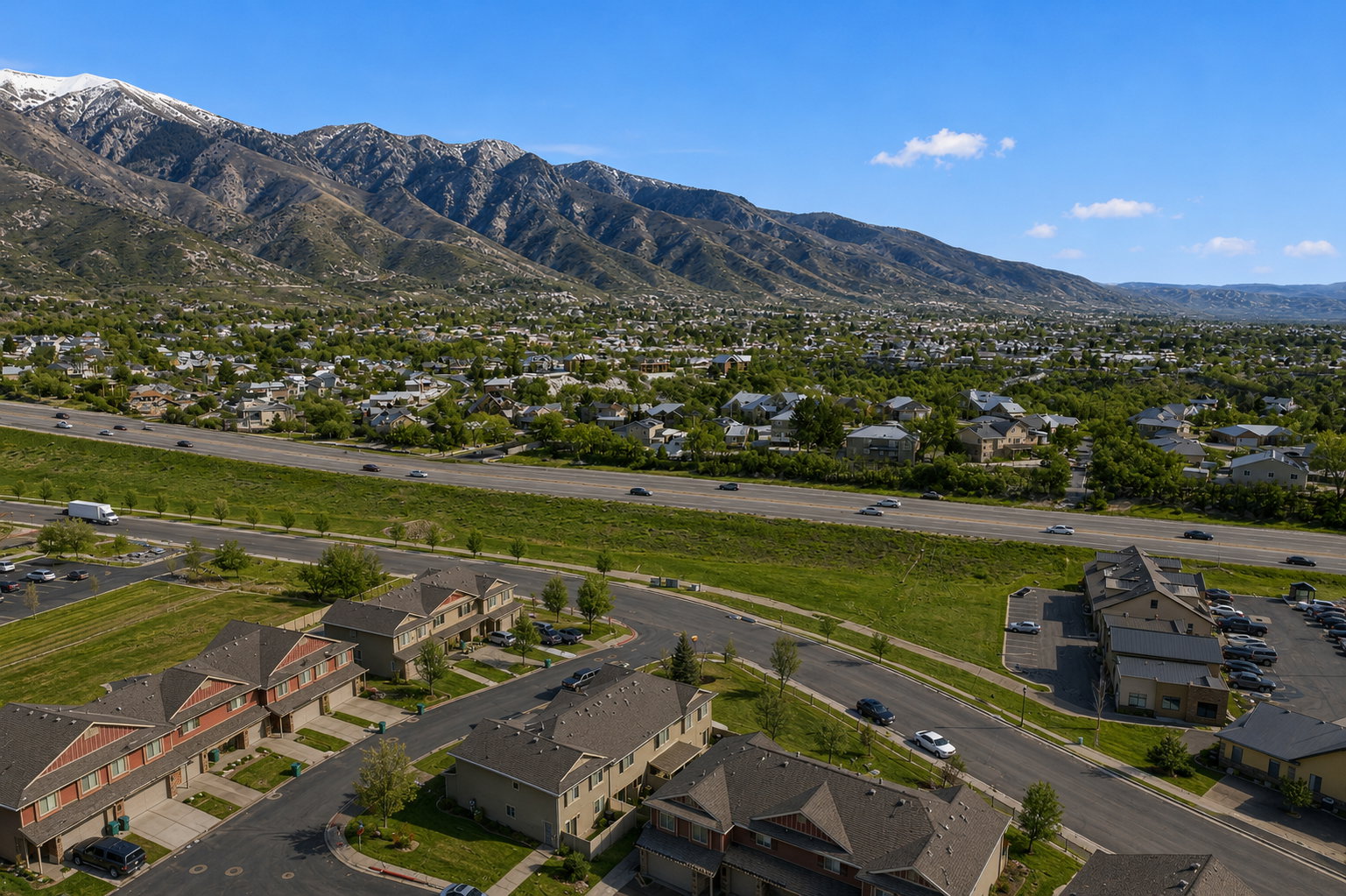 Aerial perspective showcasing a residential area with townhomes and apartment buildings, framed by a prominent mountain range