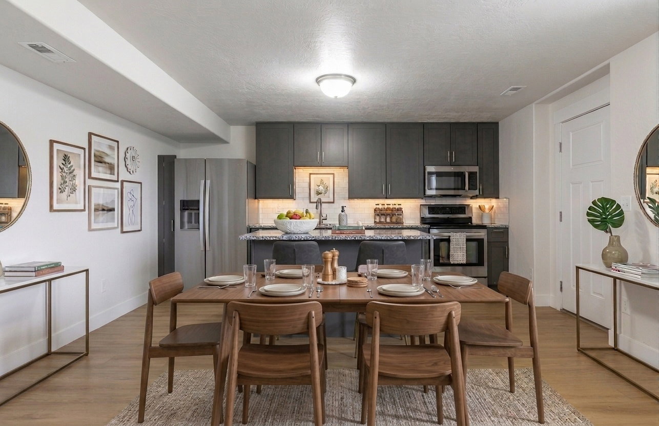 Contemporary kitchen featuring dark cabinetry, stainless steel appliances, and a tiled backsplash