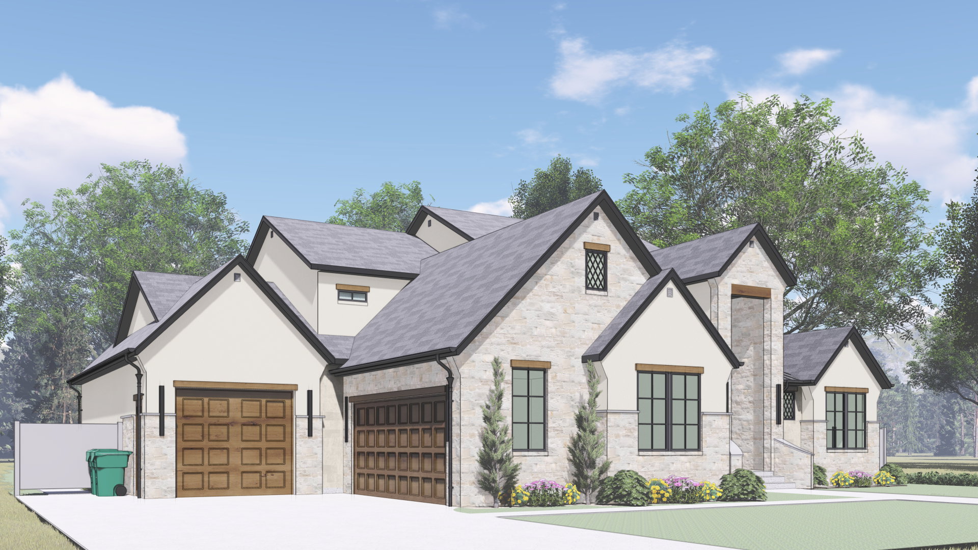 Stone and stucco exterior featuring multiple gables, dark-framed windows, and a multi-car garage with wood-panel doors