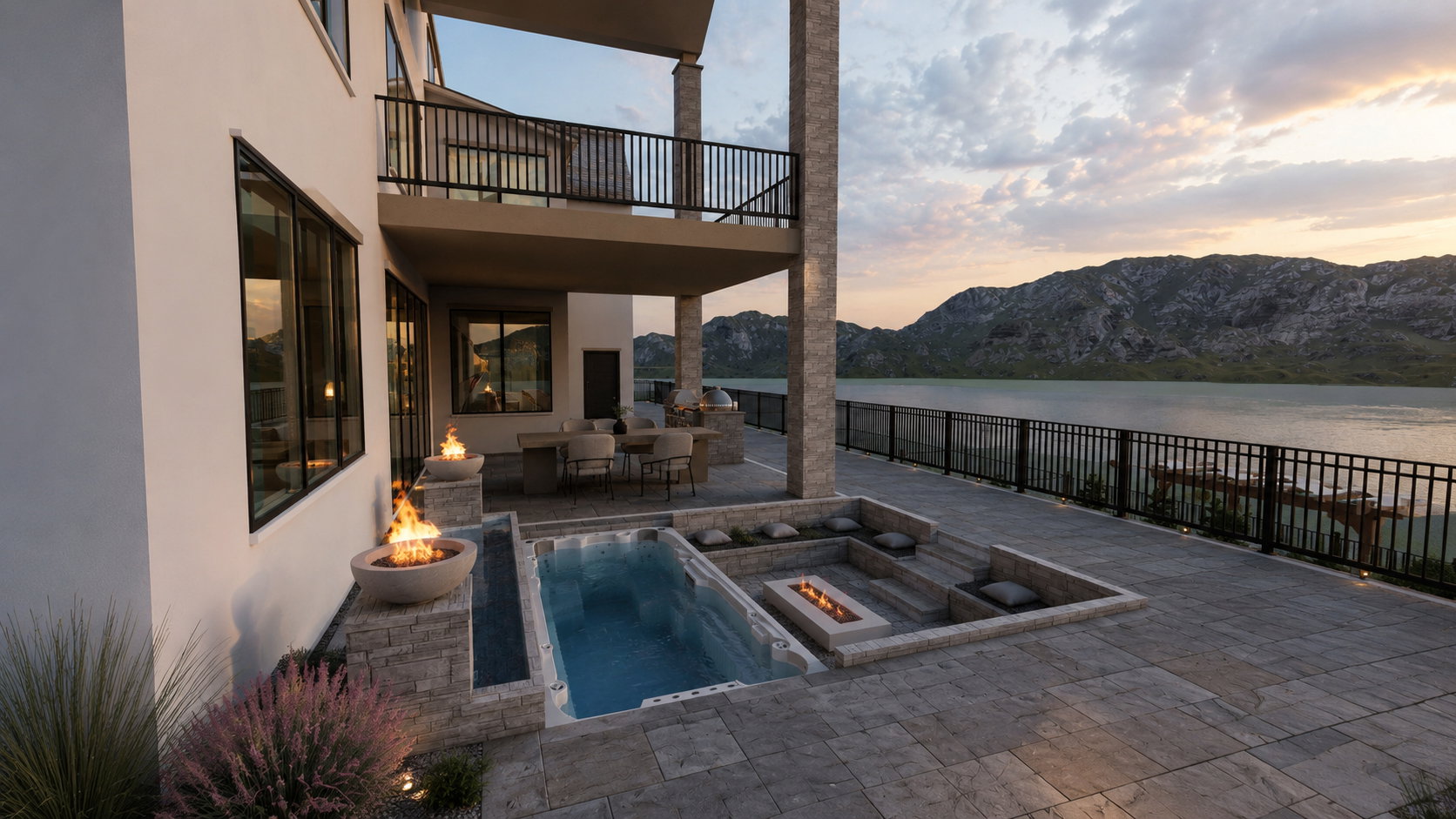 Expansive paver patio with a built-in fire pit lounge area