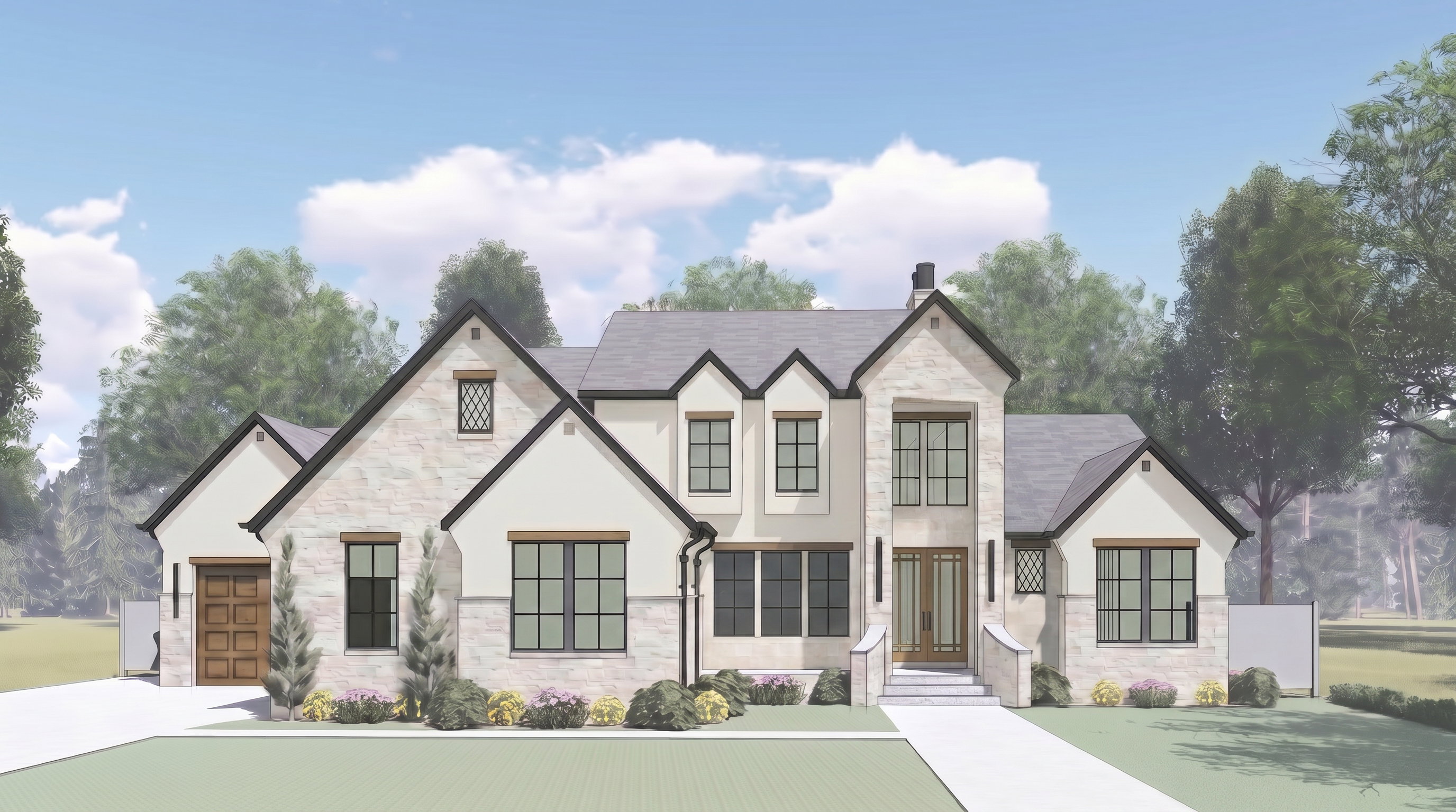 Stone and stucco exterior featuring multiple gables and a prominent entry