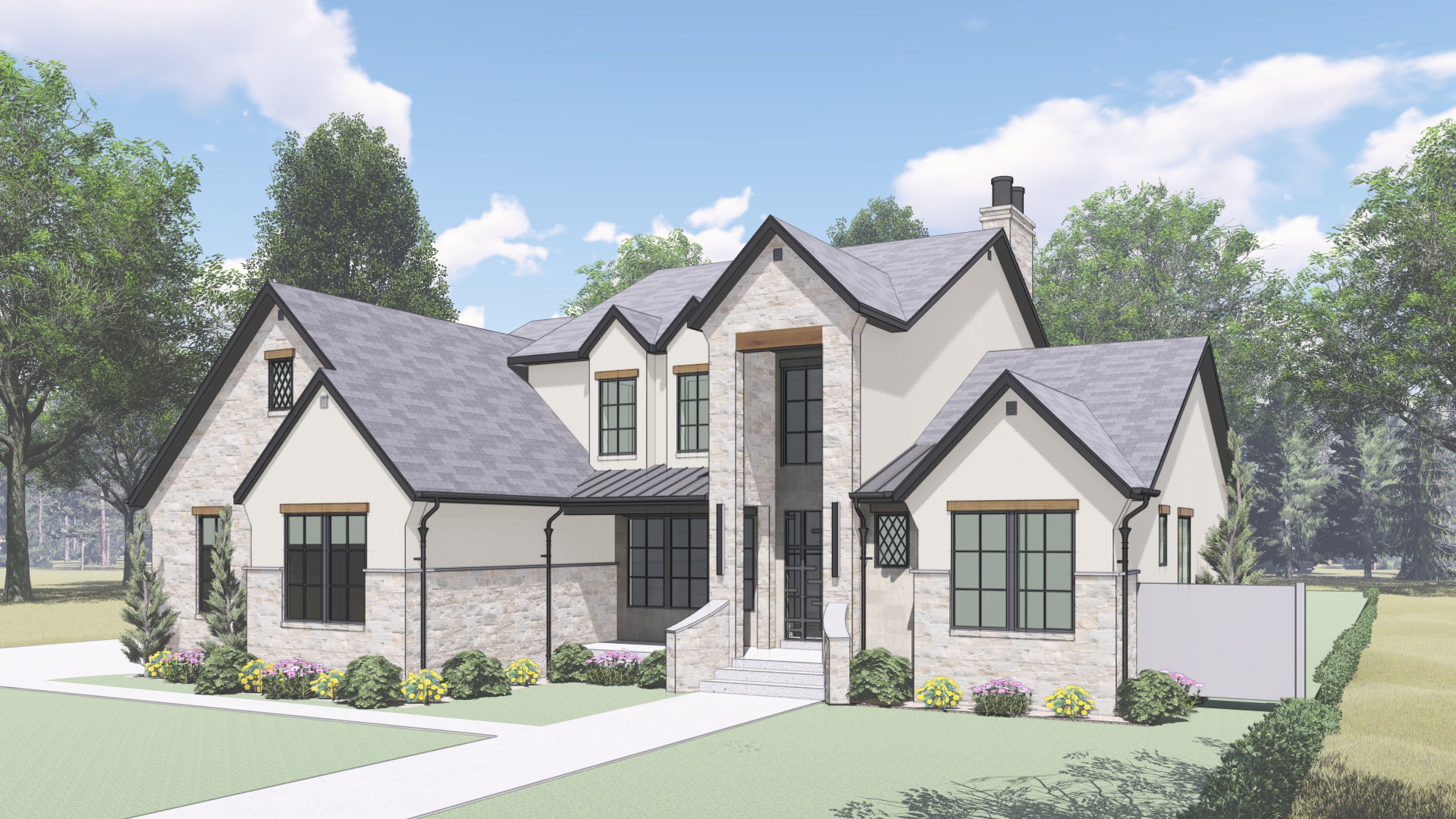 Two-story stone and stucco residence featuring a prominent front entrance with a covered porch