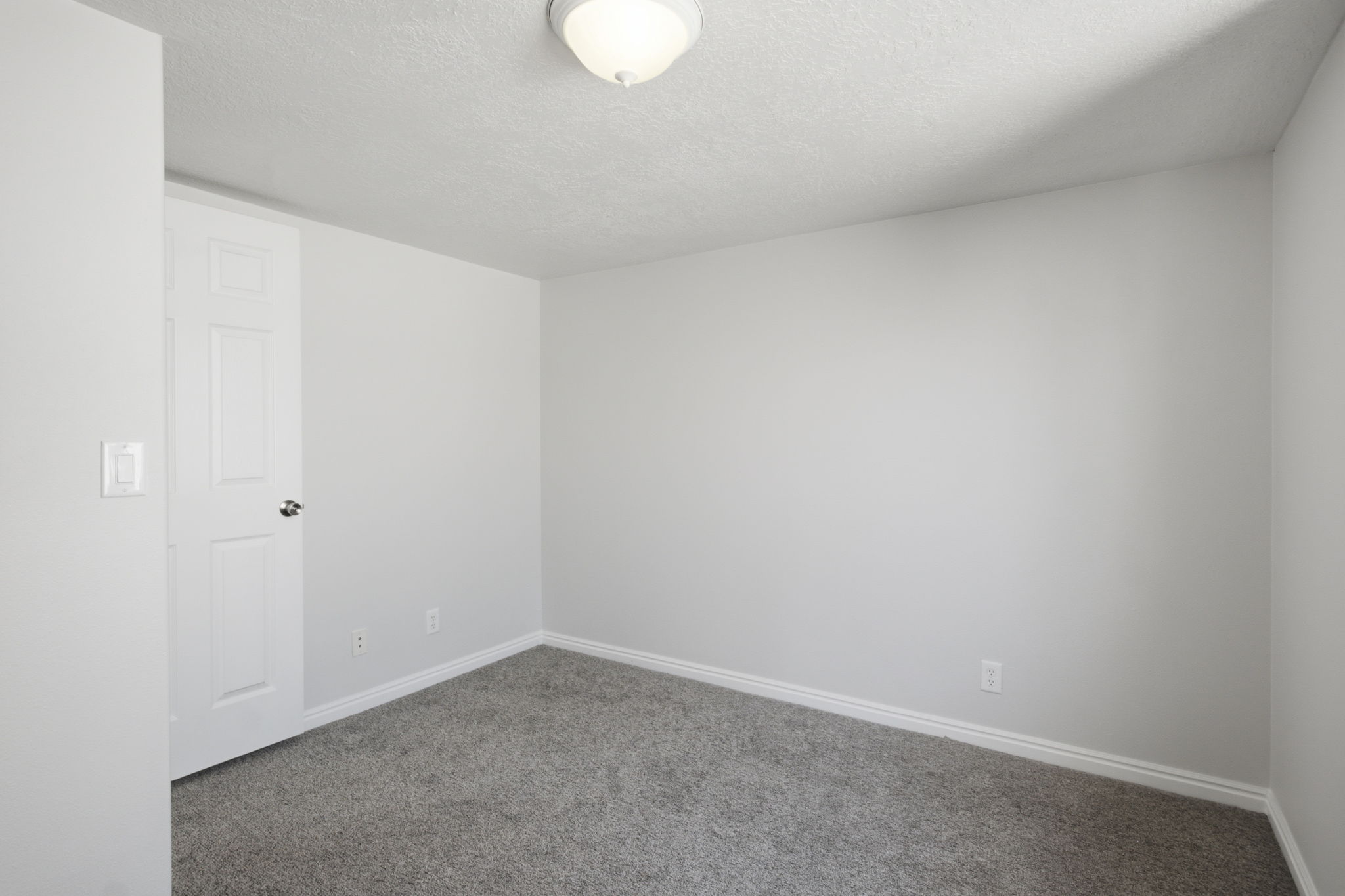 Carpeted room with a flush-mount ceiling light fixture, white trim, and a paneled door