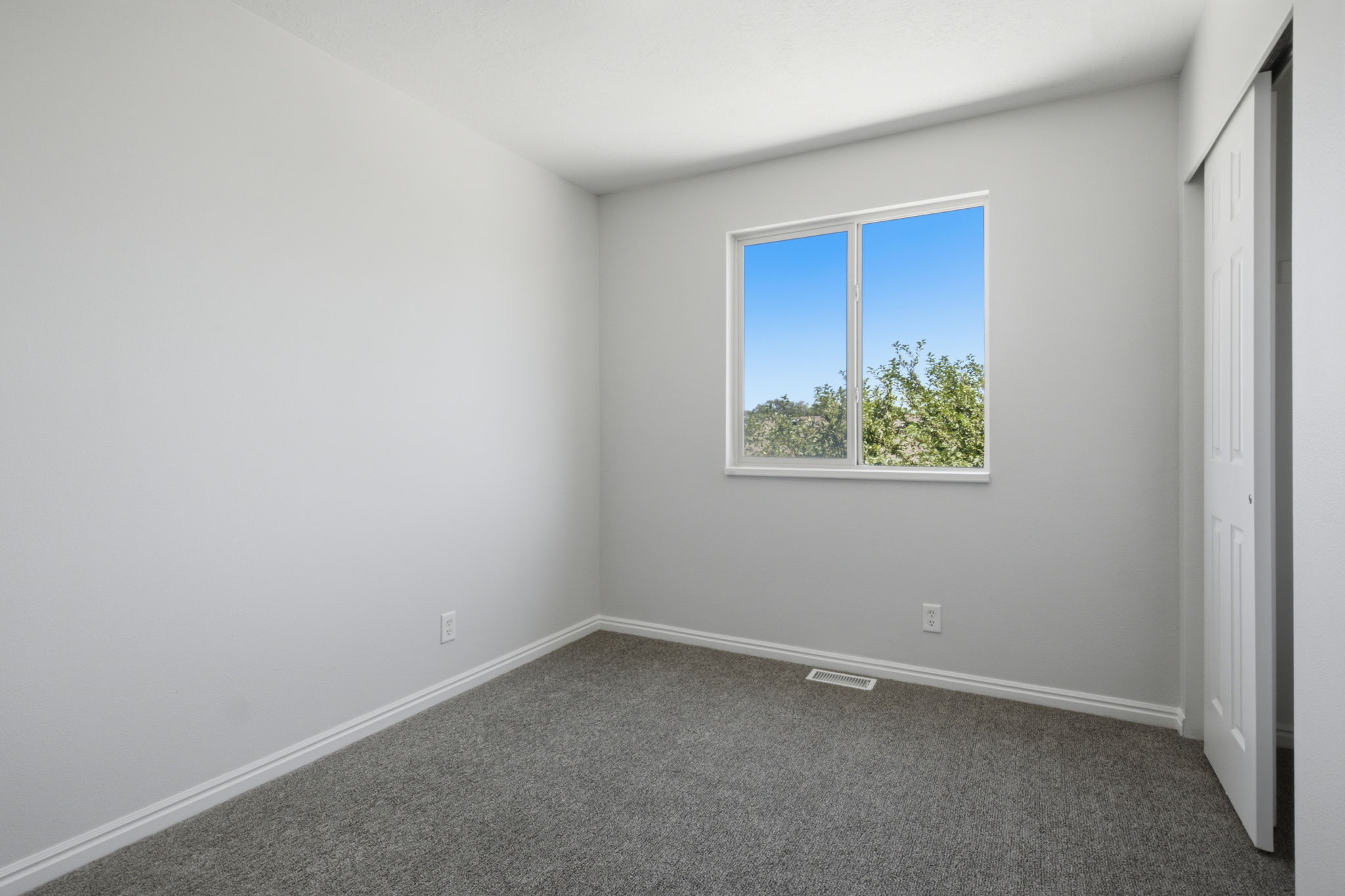 Room with soft gray wall color, white trim, and gray carpet flooring