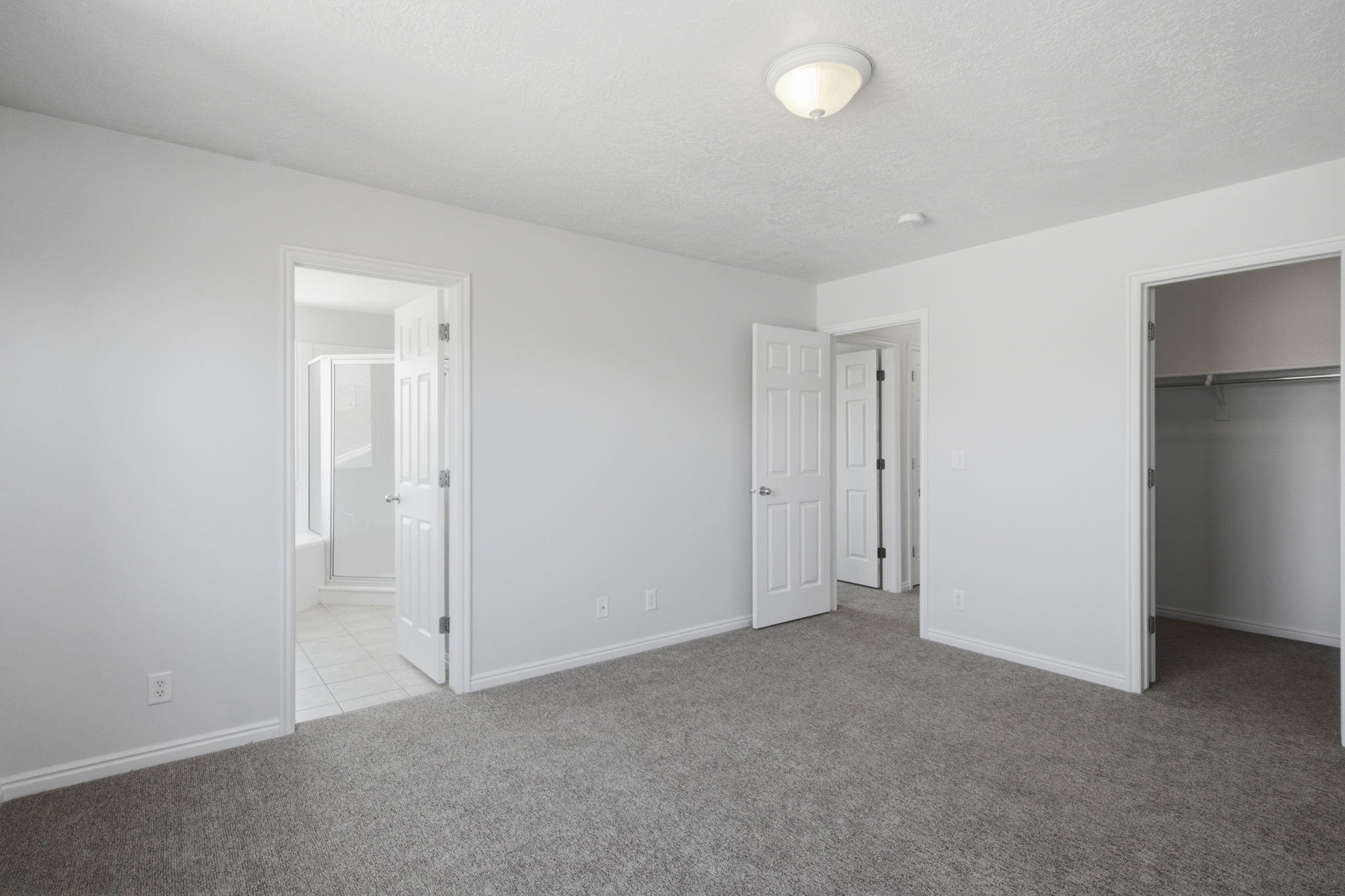 Carpeted room with light gray walls, featuring a flush-mount ceiling light