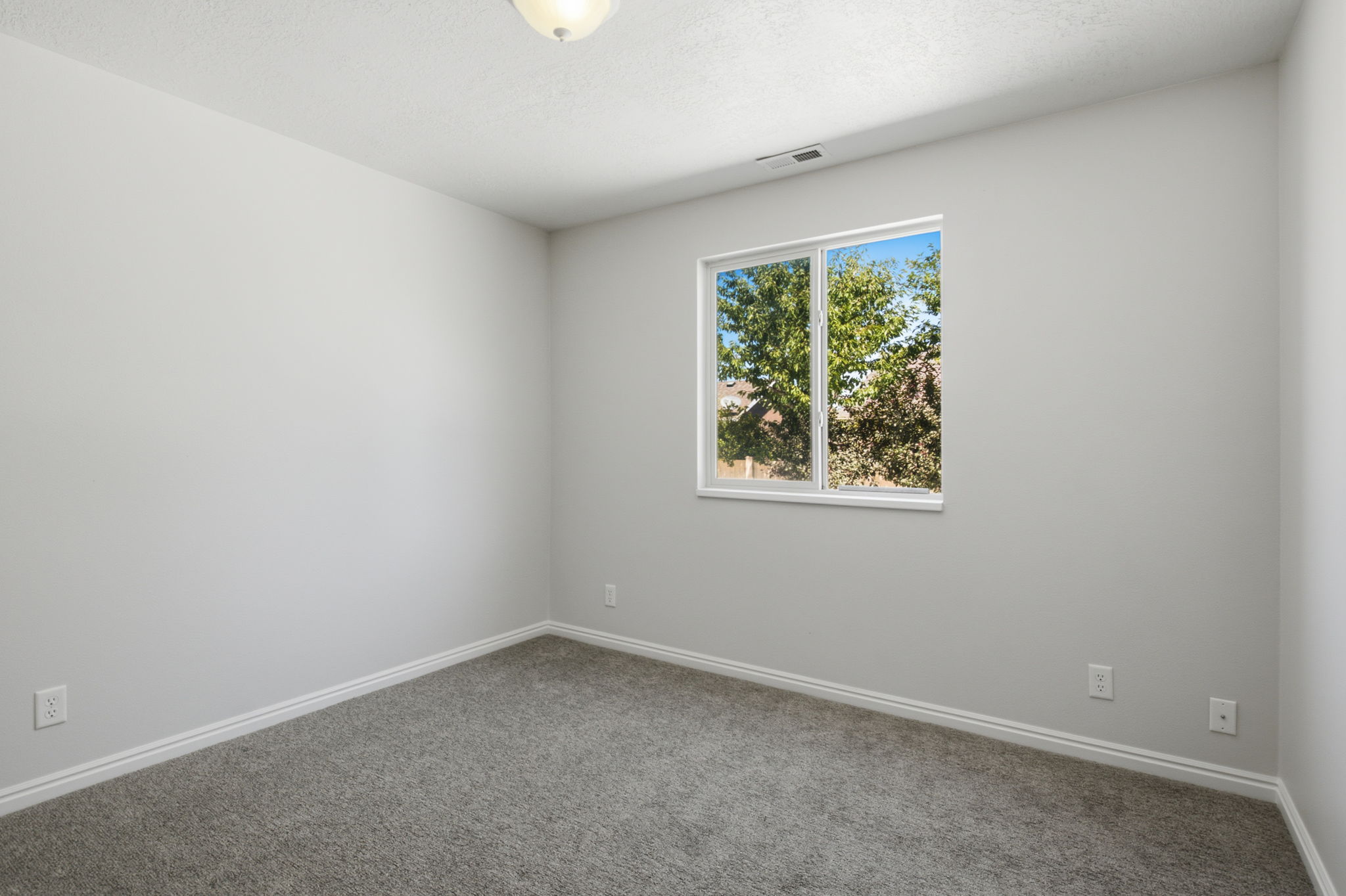 Room featuring light gray wall paint, gray carpet flooring, and white trim