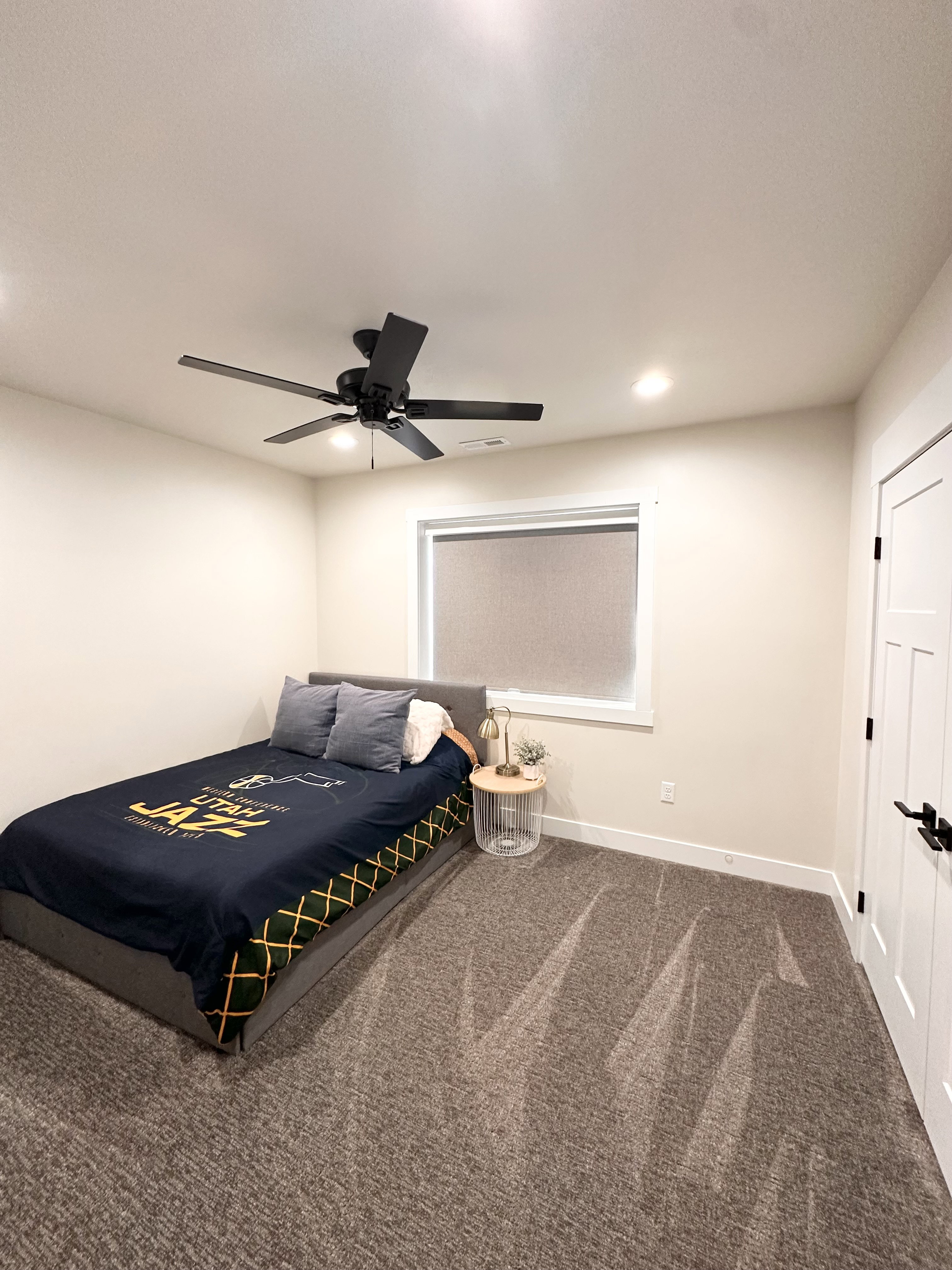 Room featuring neutral tone walls, dark carpet flooring, and a white interior door with matte black hardware