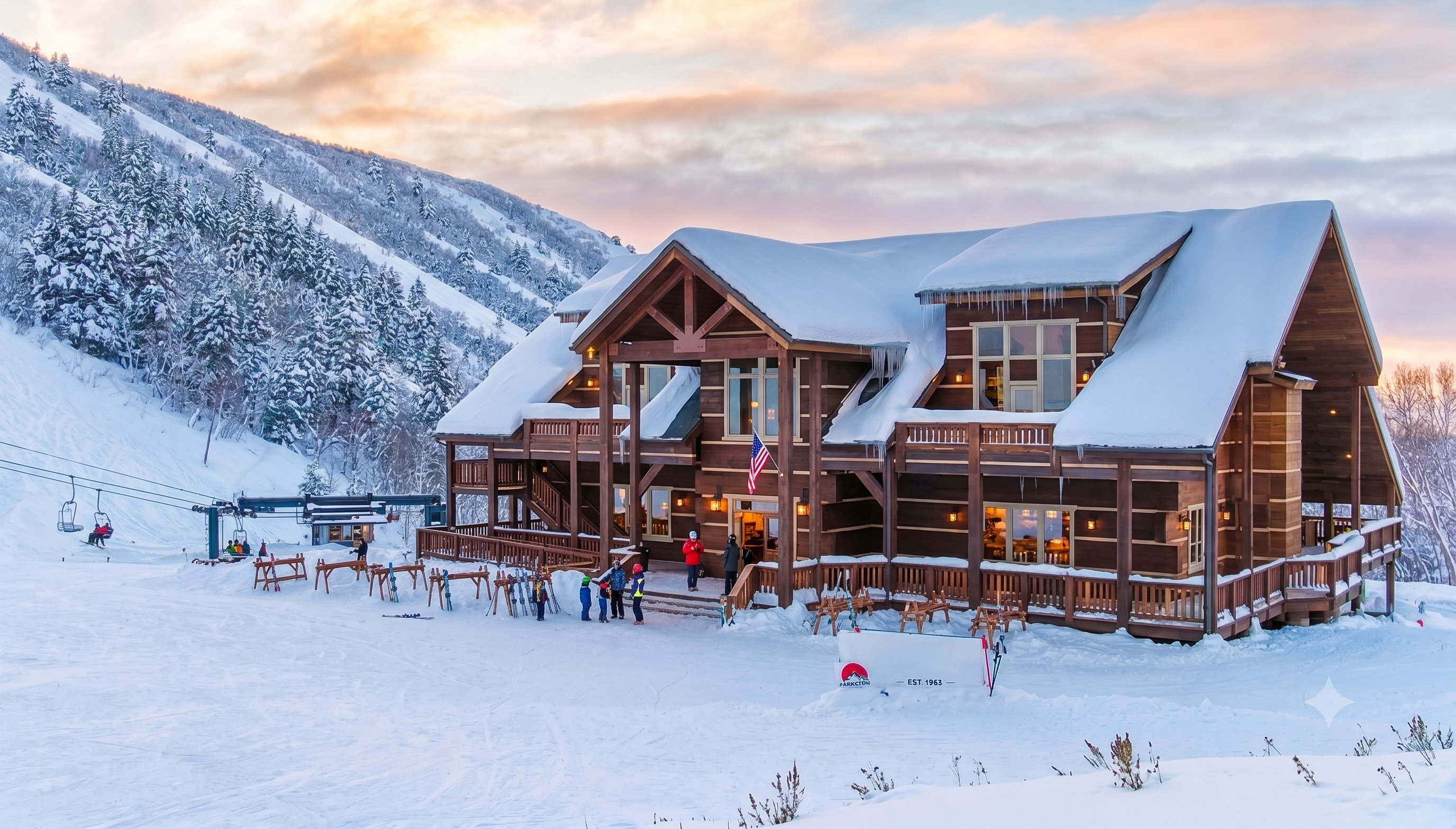 Expansive ski-in/ski-out lodge featuring a natural wood-tone exterior, multiple decks with wood railings, and large pane windows