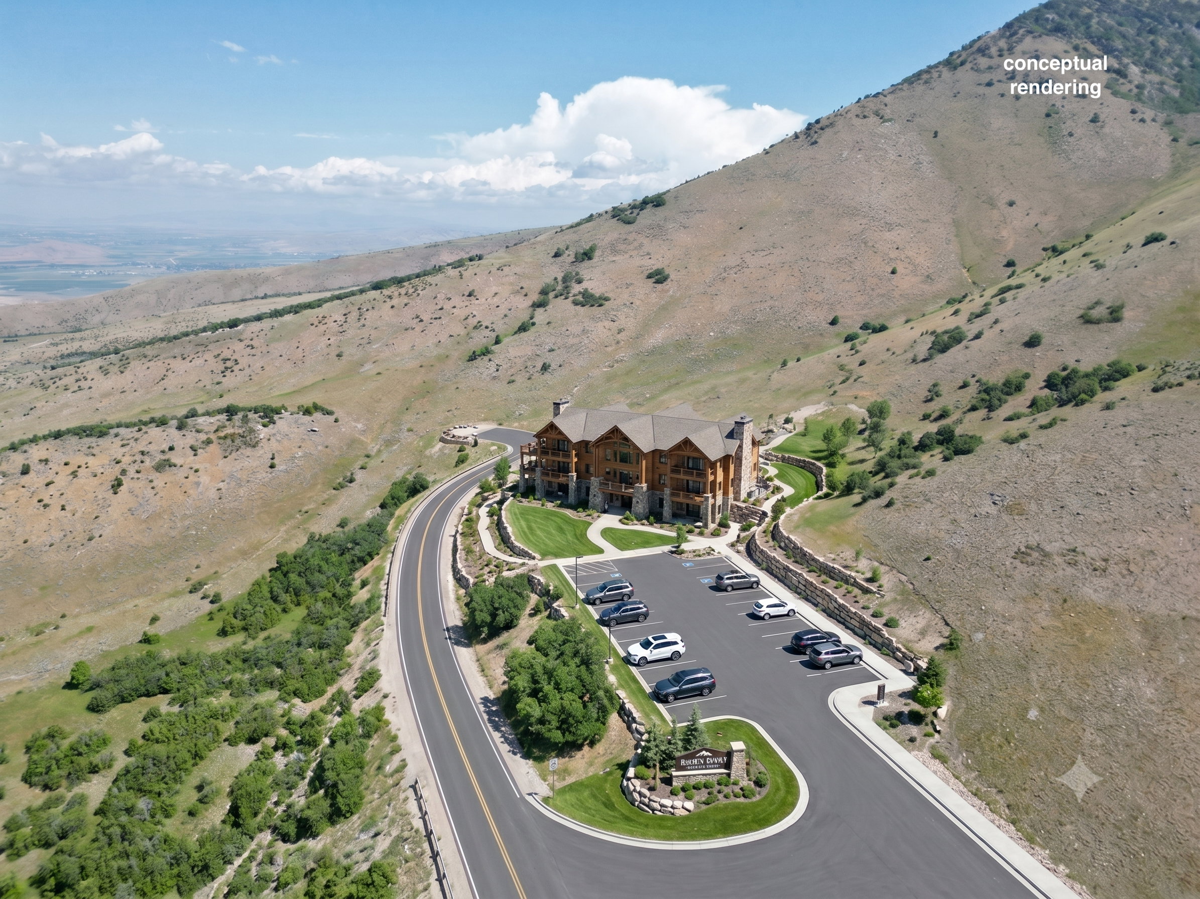 Hillside multi-story building featuring natural wood siding, stone accents, and multiple balconies