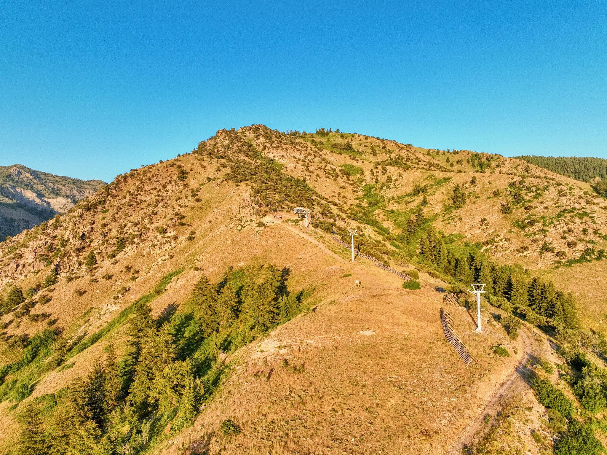 Expansive mountainside terrain featuring natural vegetation, scattered evergreen trees, and clear blue skies