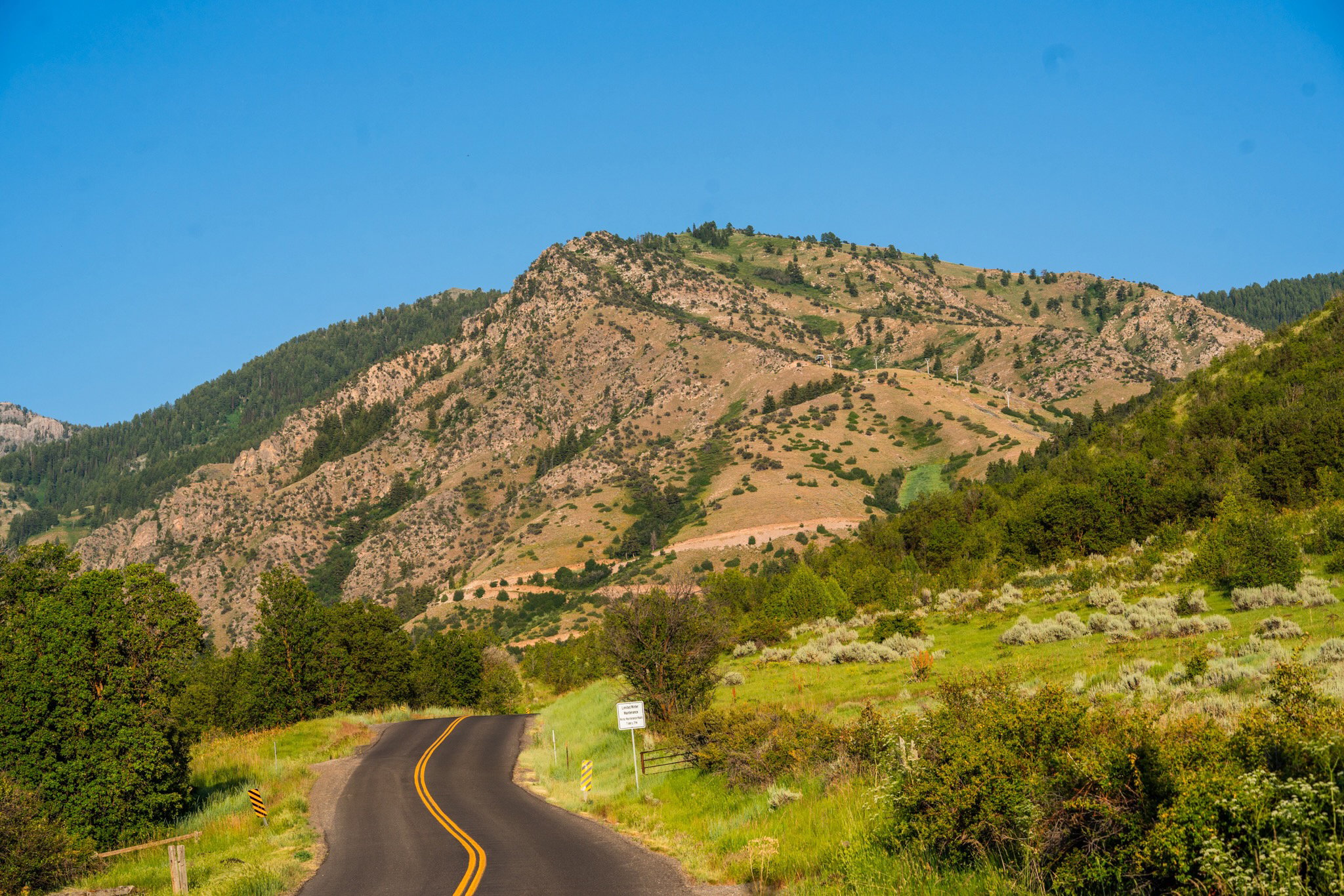 Winding asphalt road with double yellow lines, flanked by green grass and brush, leading into a mountainous landscape