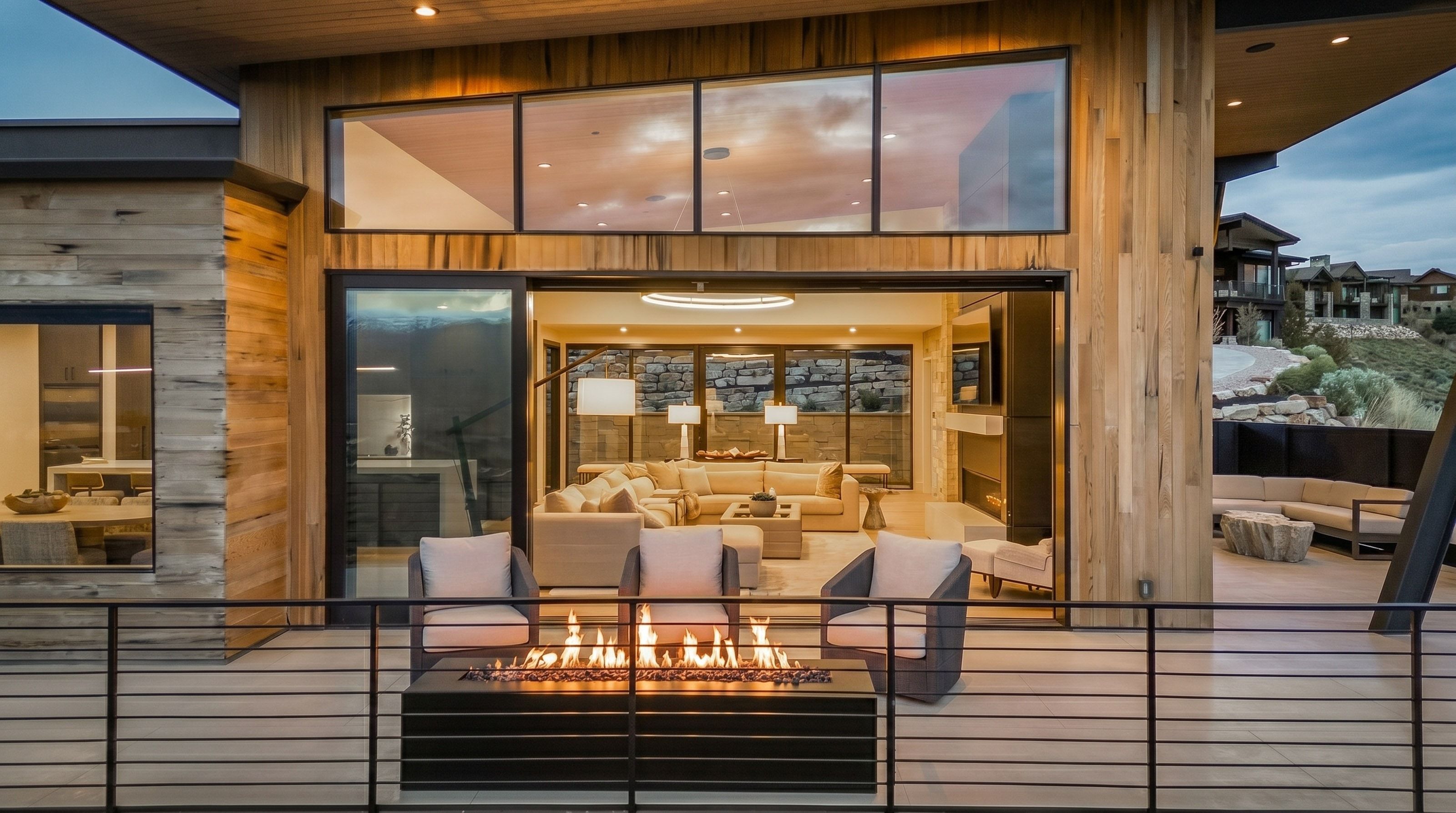Expansive exterior deck featuring a built-in fire feature, sleek metal railings, and wood-finish flooring