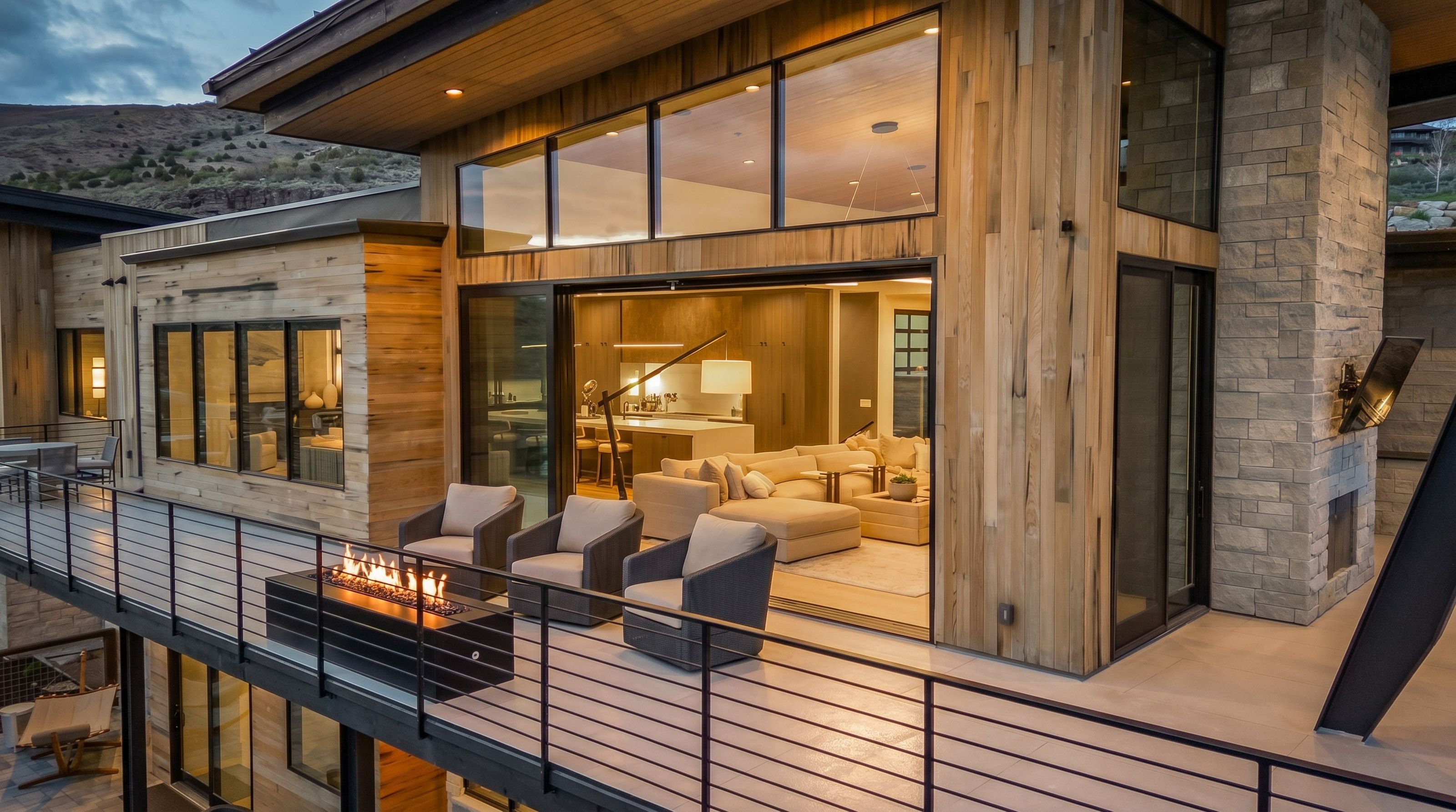 Expansive outdoor deck featuring a fire pit, cable railing, and a stone-clad exterior fireplace