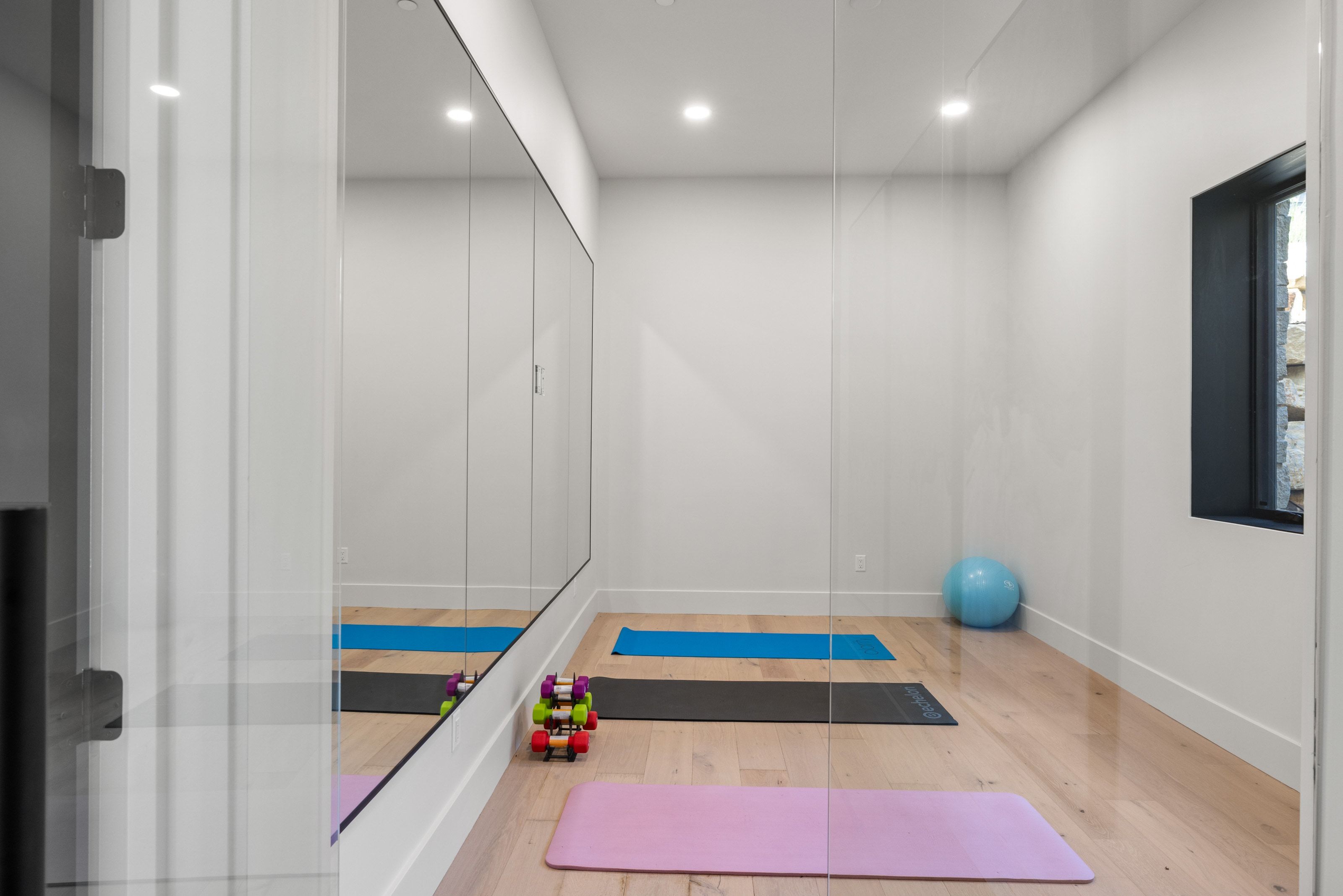 Dedicated fitness room featuring a full wall of mirrors and light wood-finish flooring