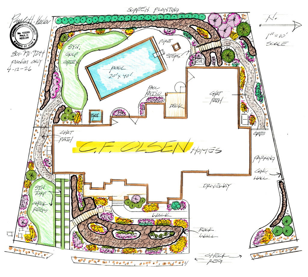 Landscape Architectural Drawing. Illustrating the proposed site design for the property, including elements like a pool, patio, and plantings. Come and be involved in making final selections.