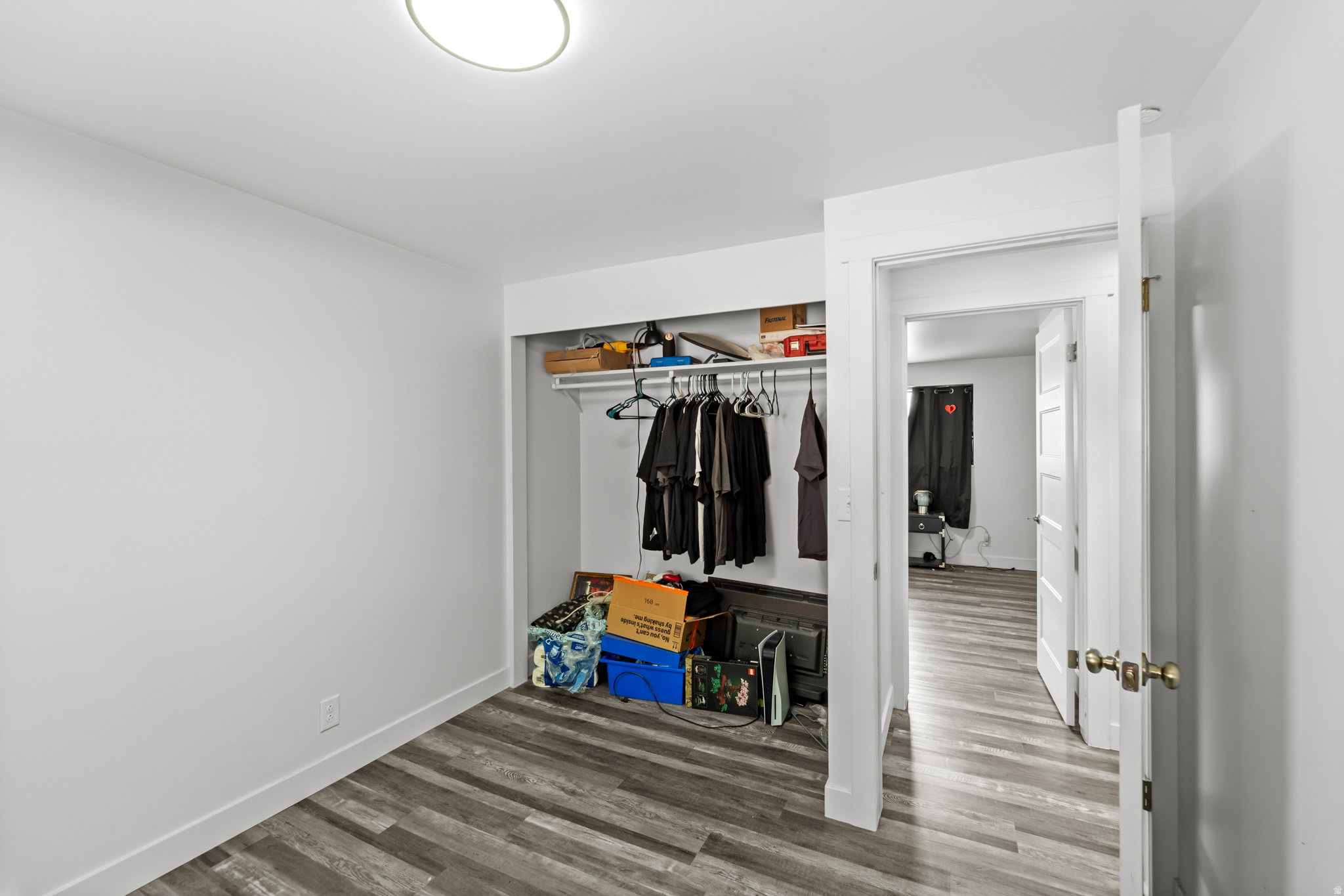 Room featuring wood-finish flooring, a built-in closet with shelving and hanging rod, white painted walls, and a flush-mount ceiling light fixture