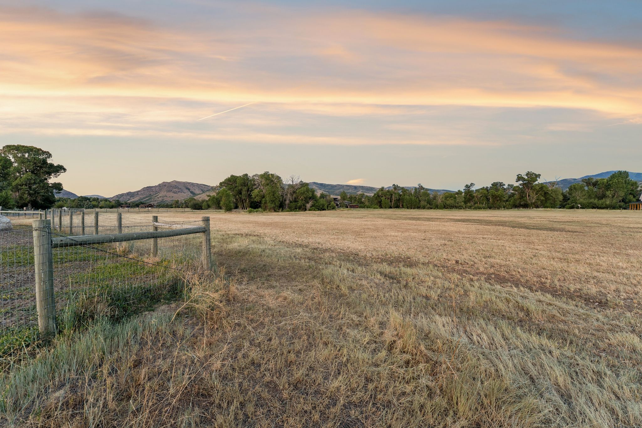 Expansive open field with a wire and post fence, featuring distant mountains and mature trees