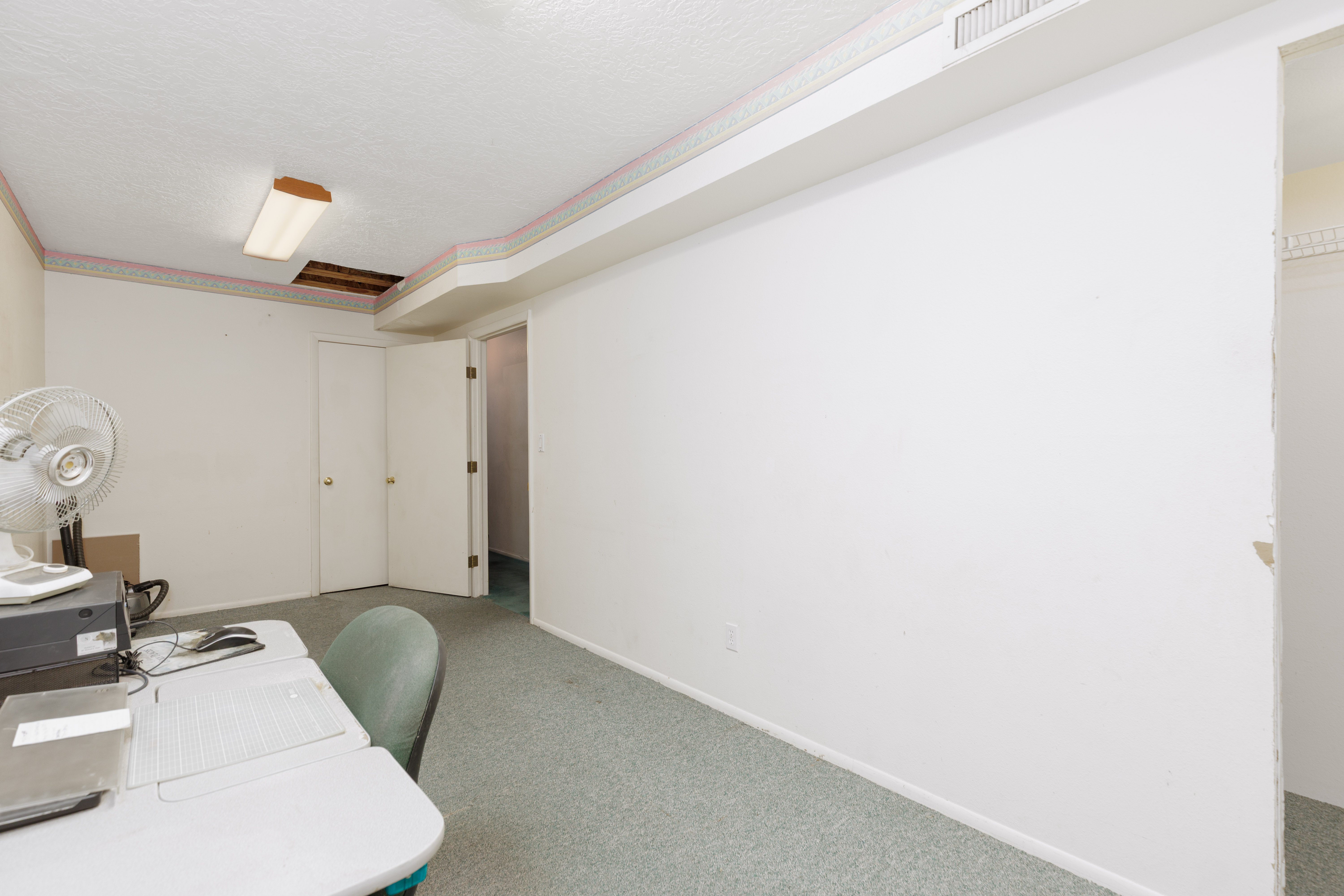 Carpeted room with white walls, two interior doors, and a partial closet opening