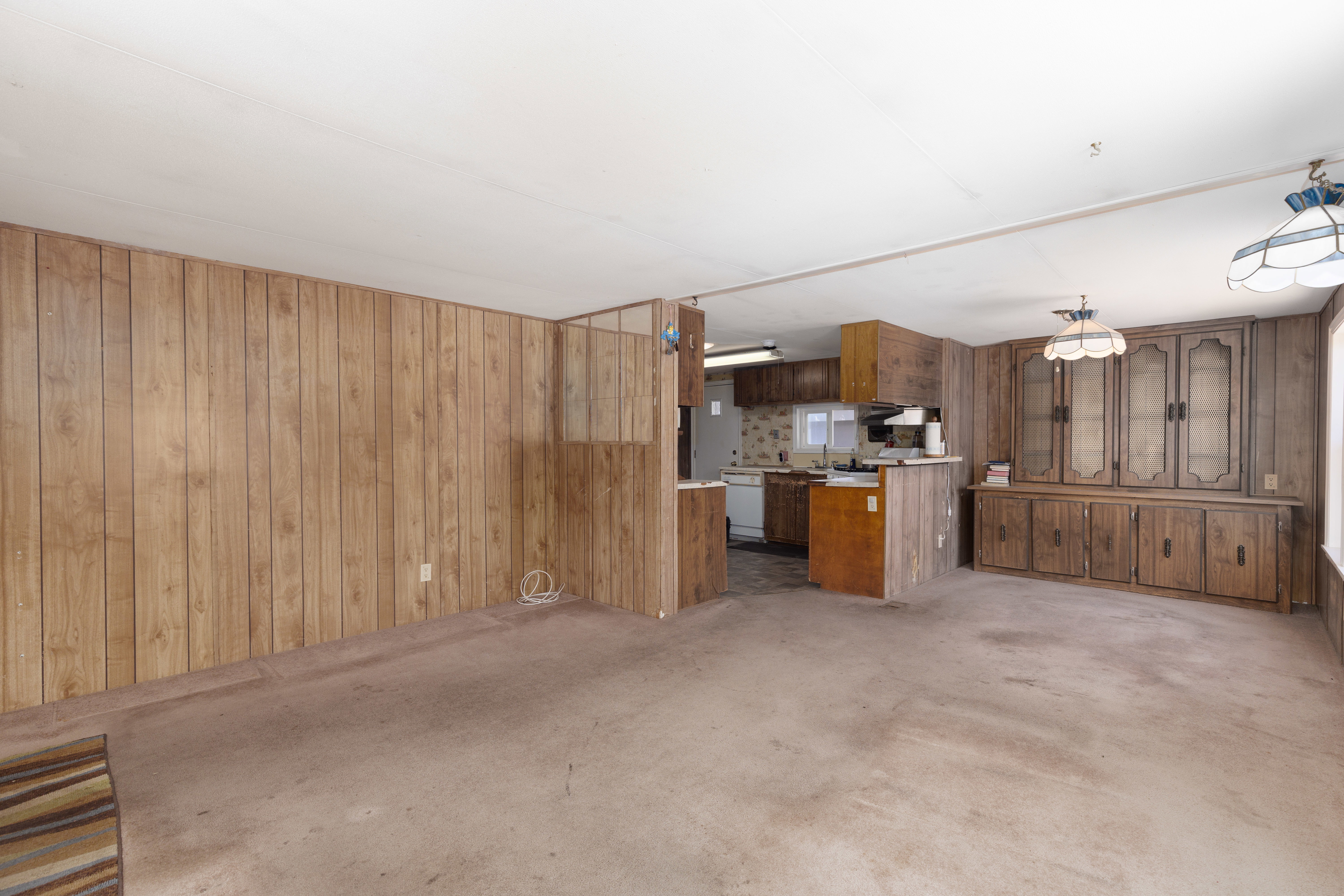 Open-concept living area featuring wood-paneled walls and a kitchen with wood-finish cabinetry