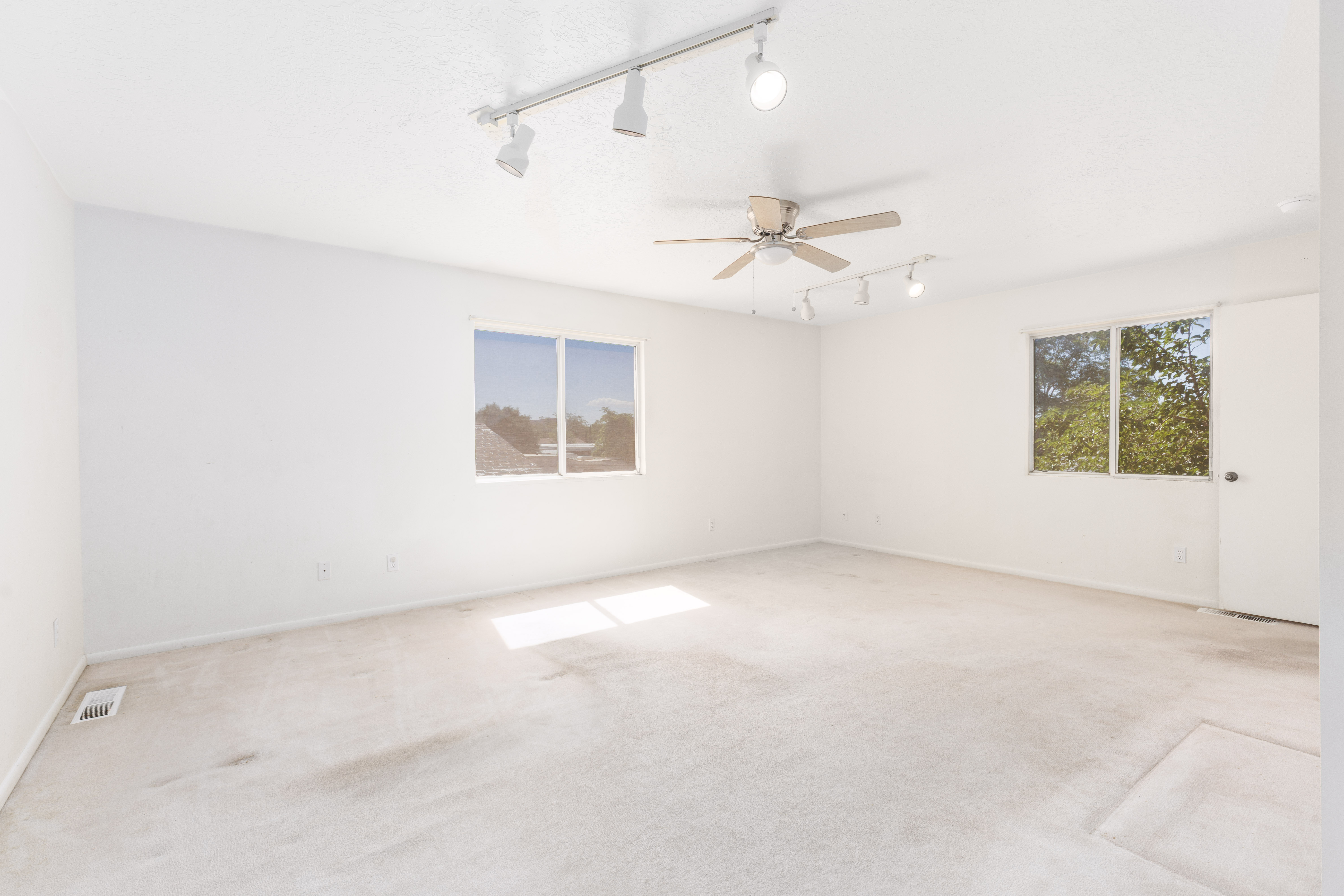 Spacious room featuring light-colored carpet, multiple windows, track lighting, and a ceiling fan