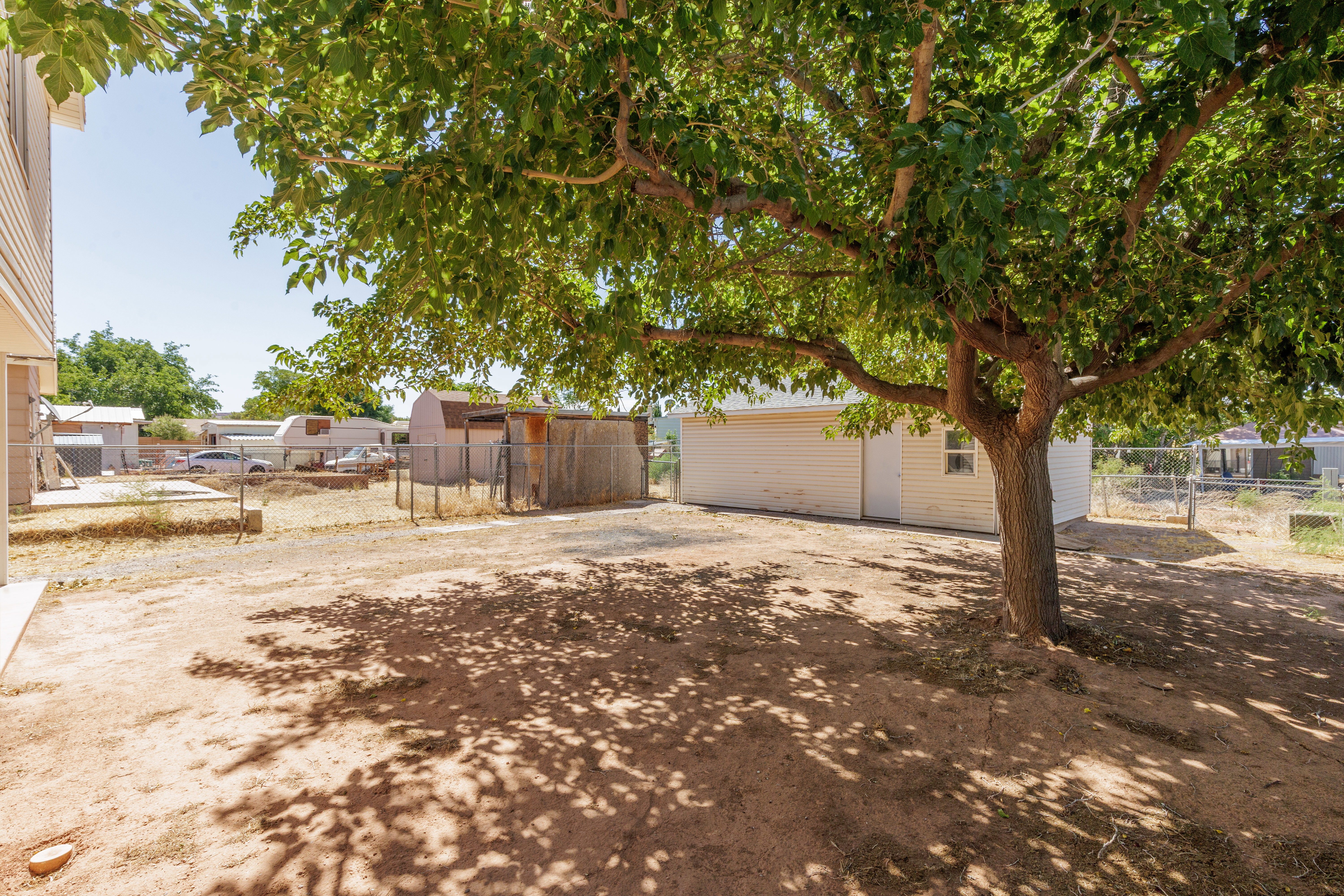 Spacious yard with mature tree providing natural shade