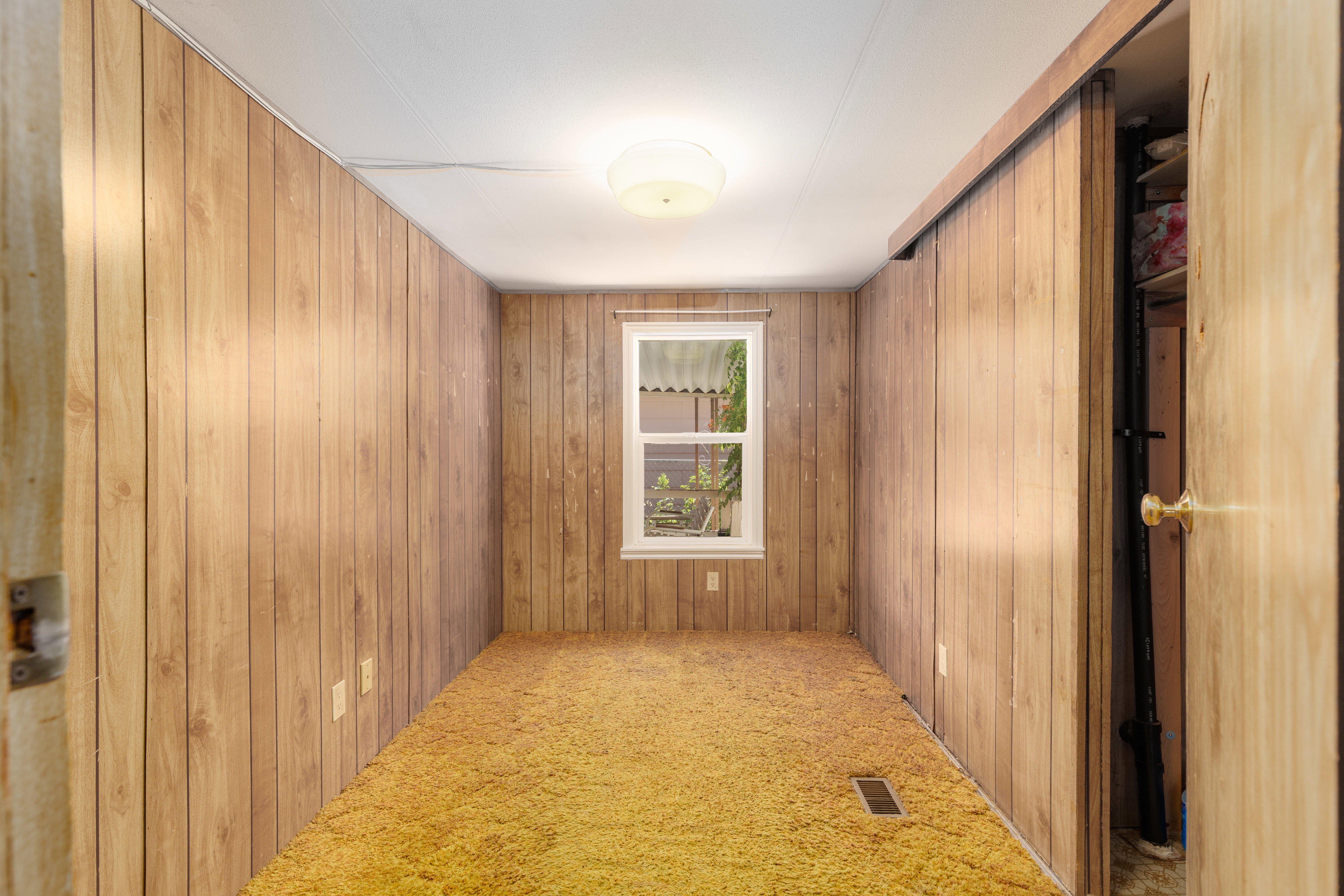 Room with wood-panel walls, a window, and shaggy gold carpeting