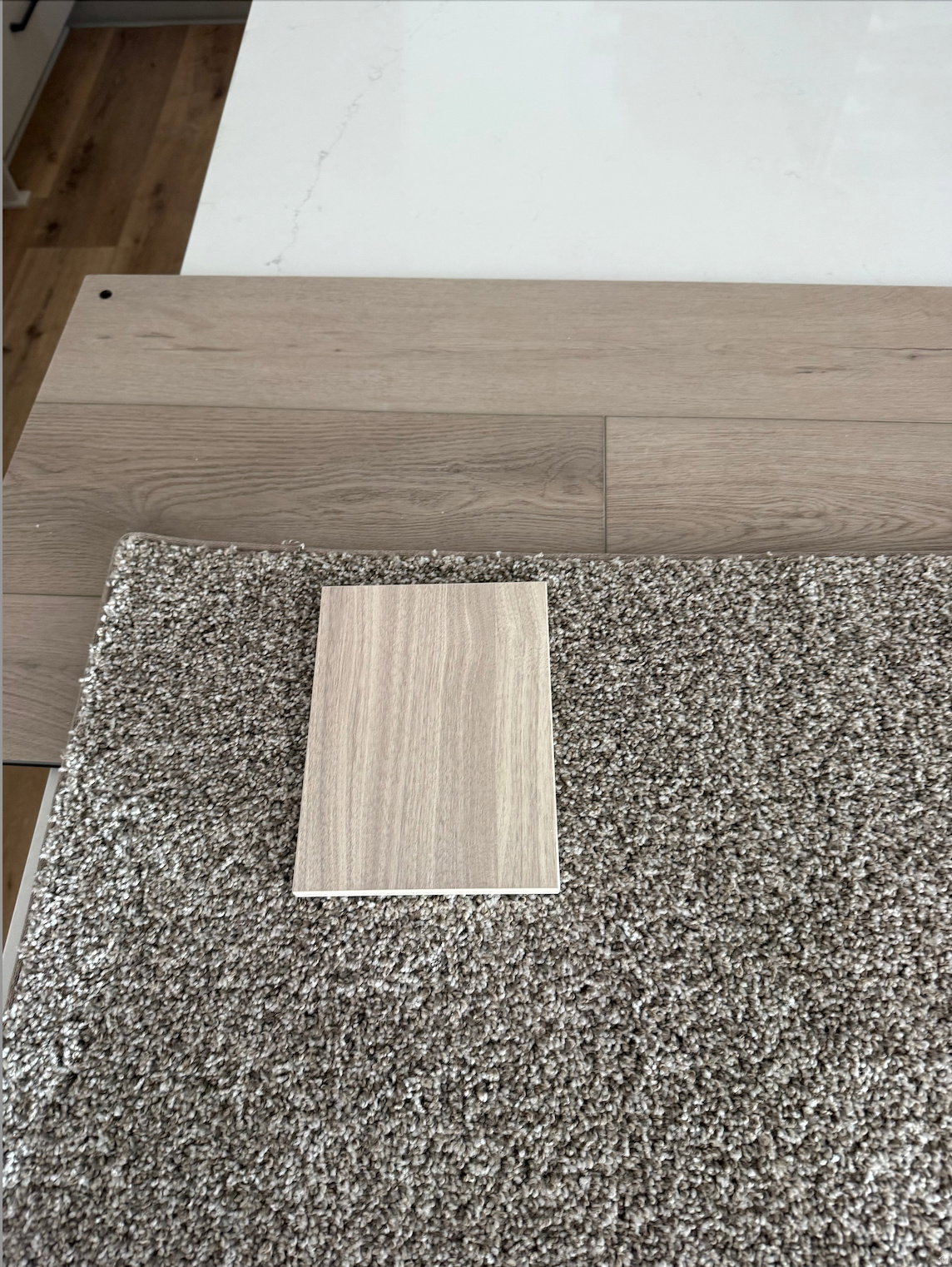 LVP, carpet, and cabinet color samples with white quartz.
