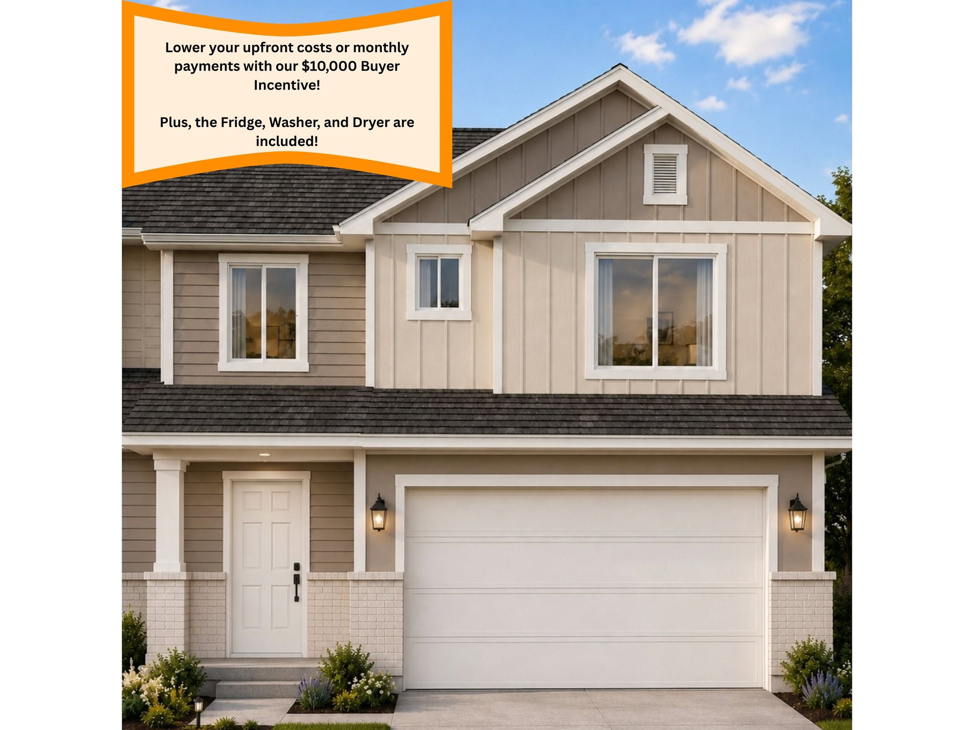 Two-story residence featuring a two-car garage with overhead lighting, a paneled front door, and a shingled roof