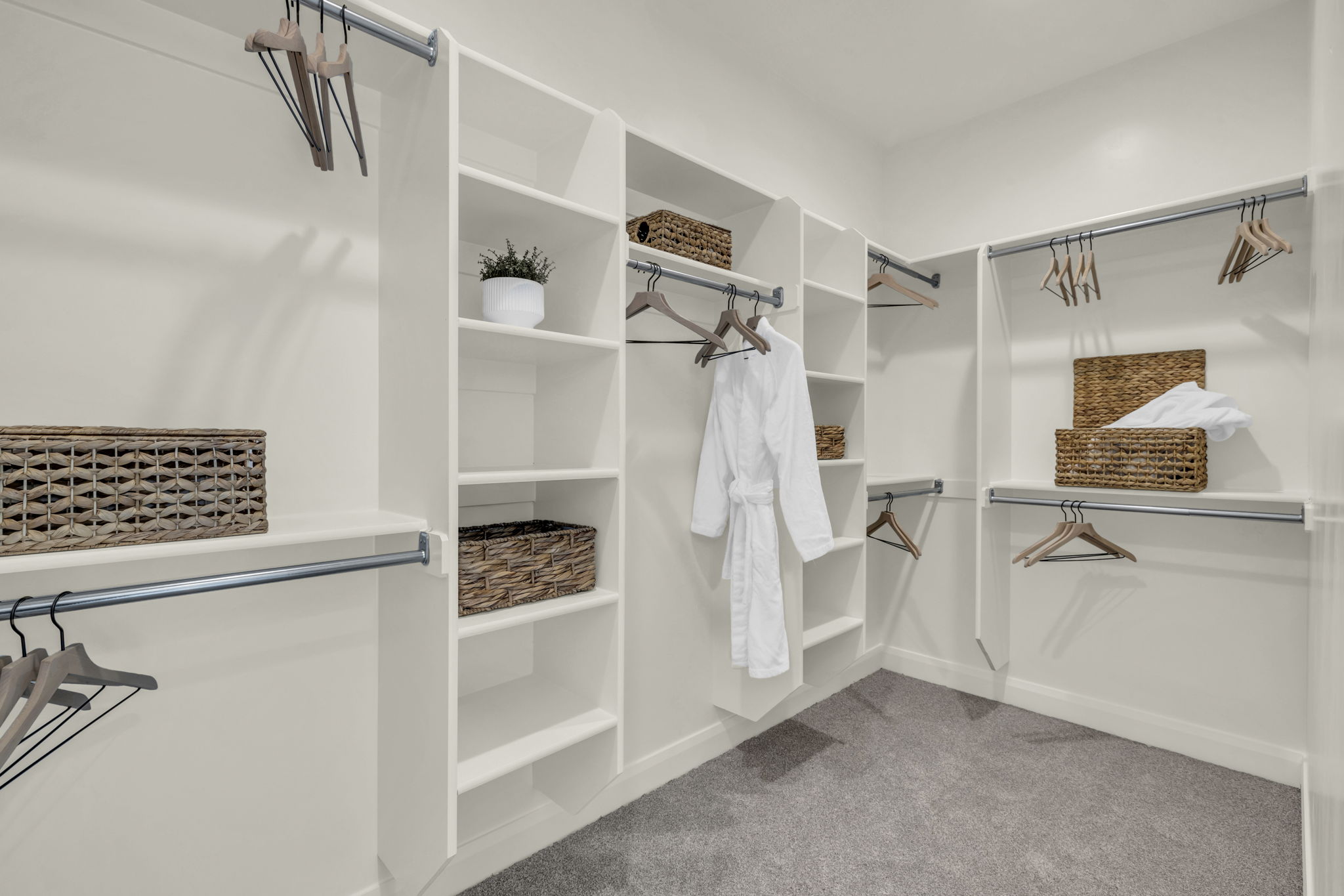 Expansive walk-in closet featuring white built-in shelving, multiple hanging rods, and gray carpet flooring