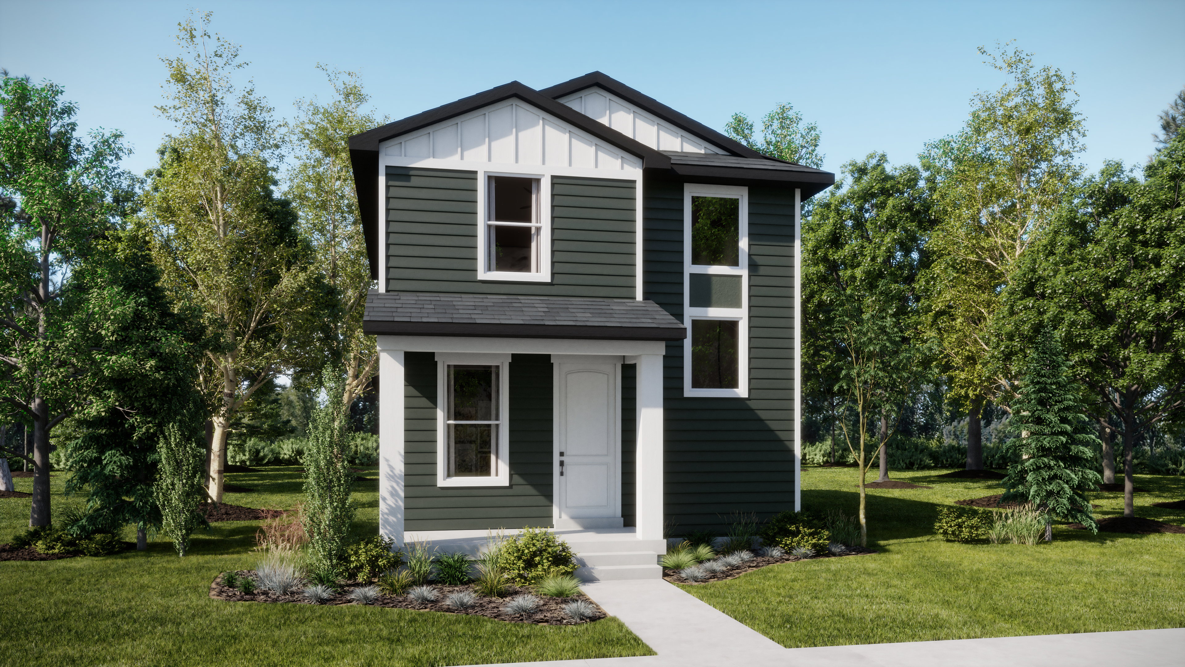 Contemporary two-story residence with dark siding and white trim