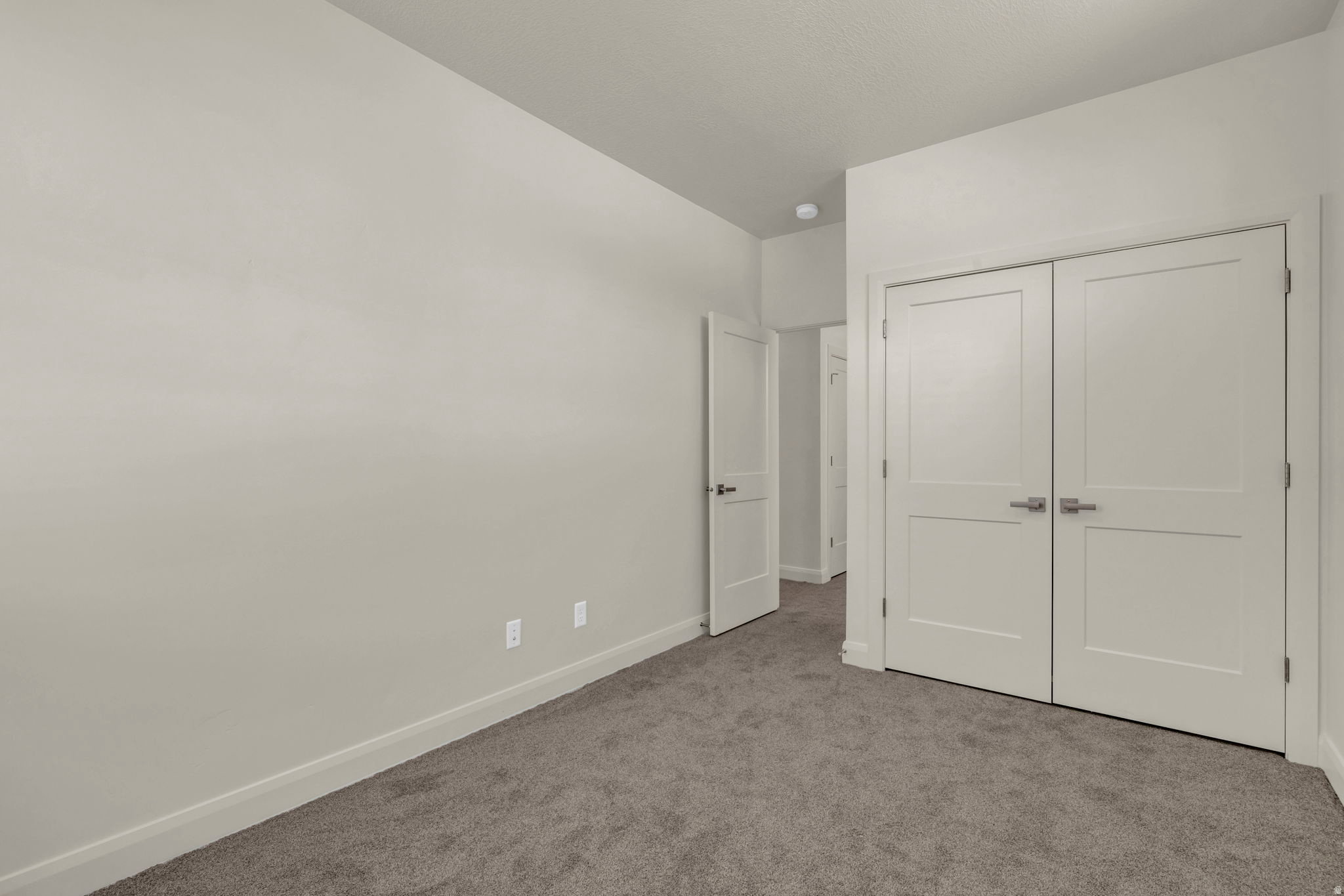 Neutral tone wall finishes complemented by gray carpet flooring