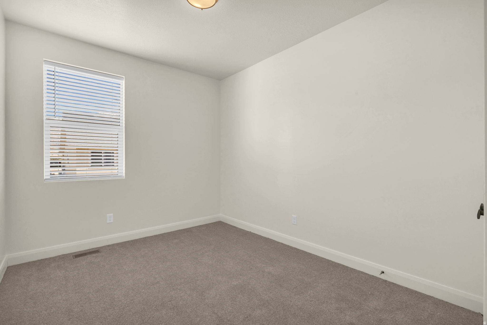 Carpeted room featuring a single window with blinds, white walls, and a ceiling-mounted light fixture