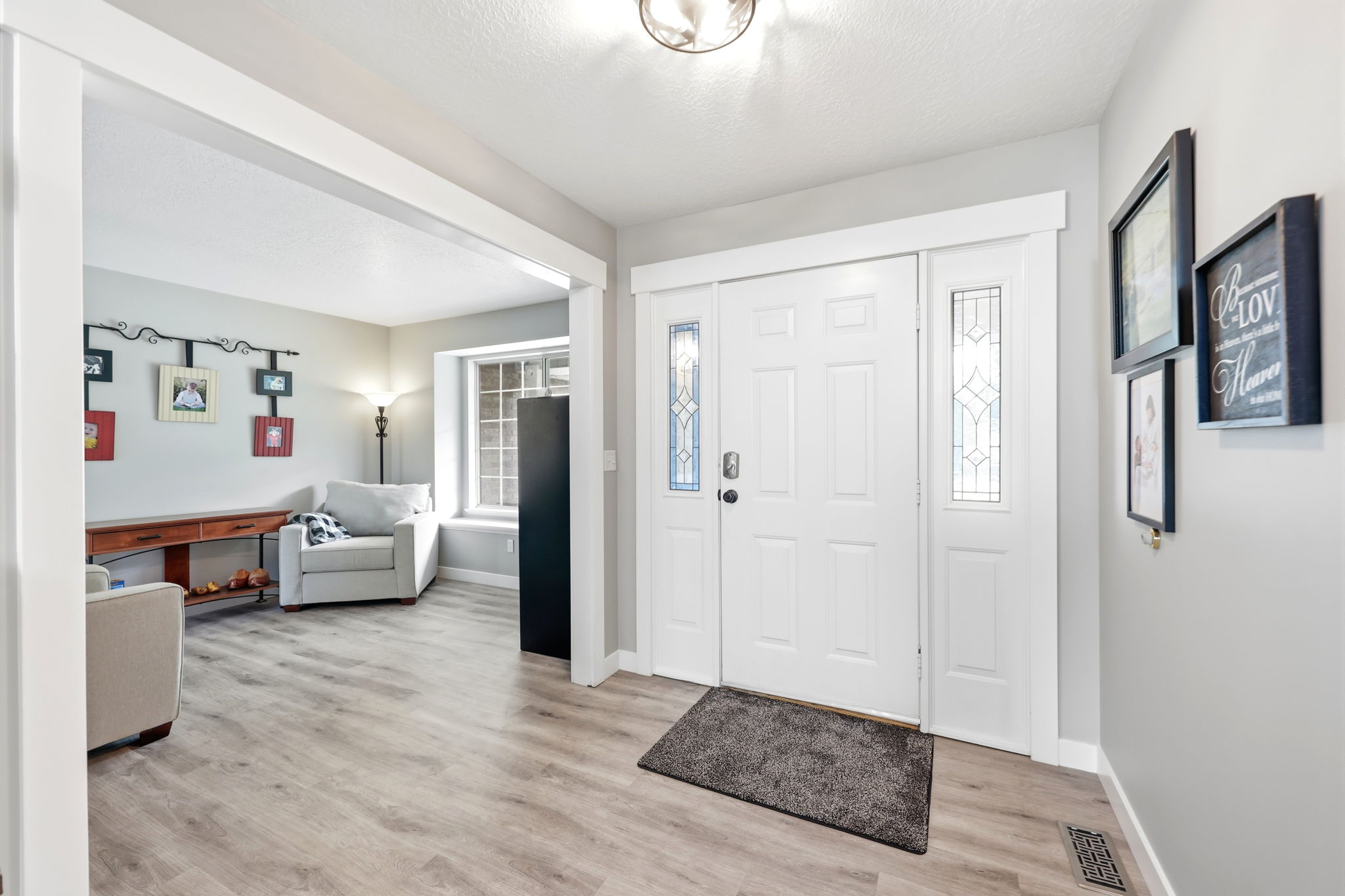 Entryway featuring a white paneled front door with sidelights, overhead lighting, wood-finish flooring, and a wide cased opening to an adjacent room