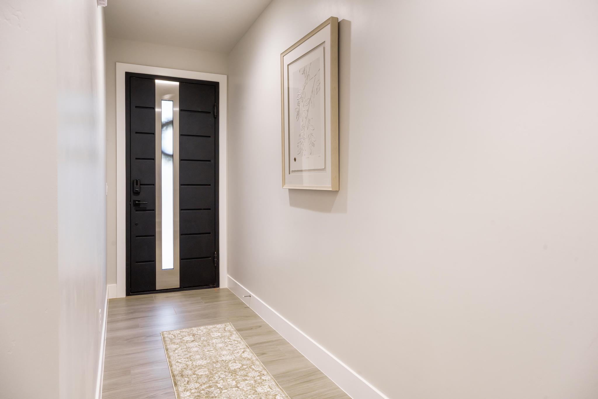 Modern entry door with vertical glass paneling and dark finish