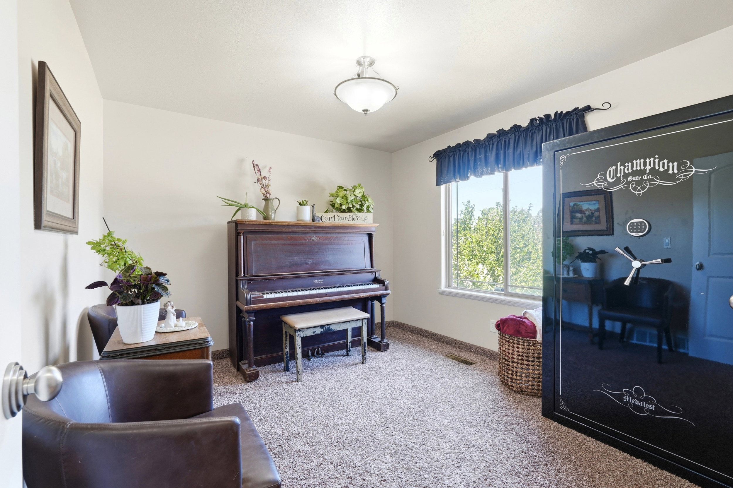 Bright room featuring light-colored walls and textured carpeting