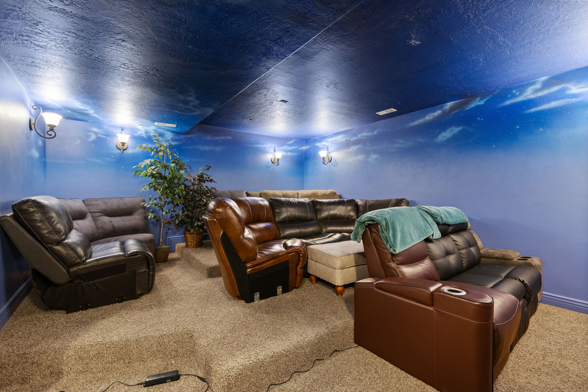 Dedicated media room featuring tiered carpeted flooring