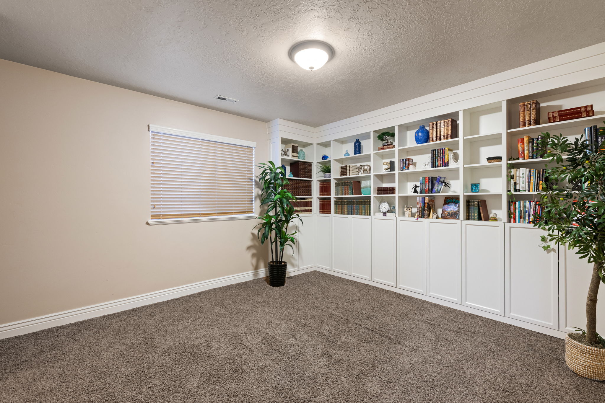 Built-in white cabinetry with open shelving and closed storage, light beige wall paint, textured ceiling, window with blinds, and neutral tone carpet flooring