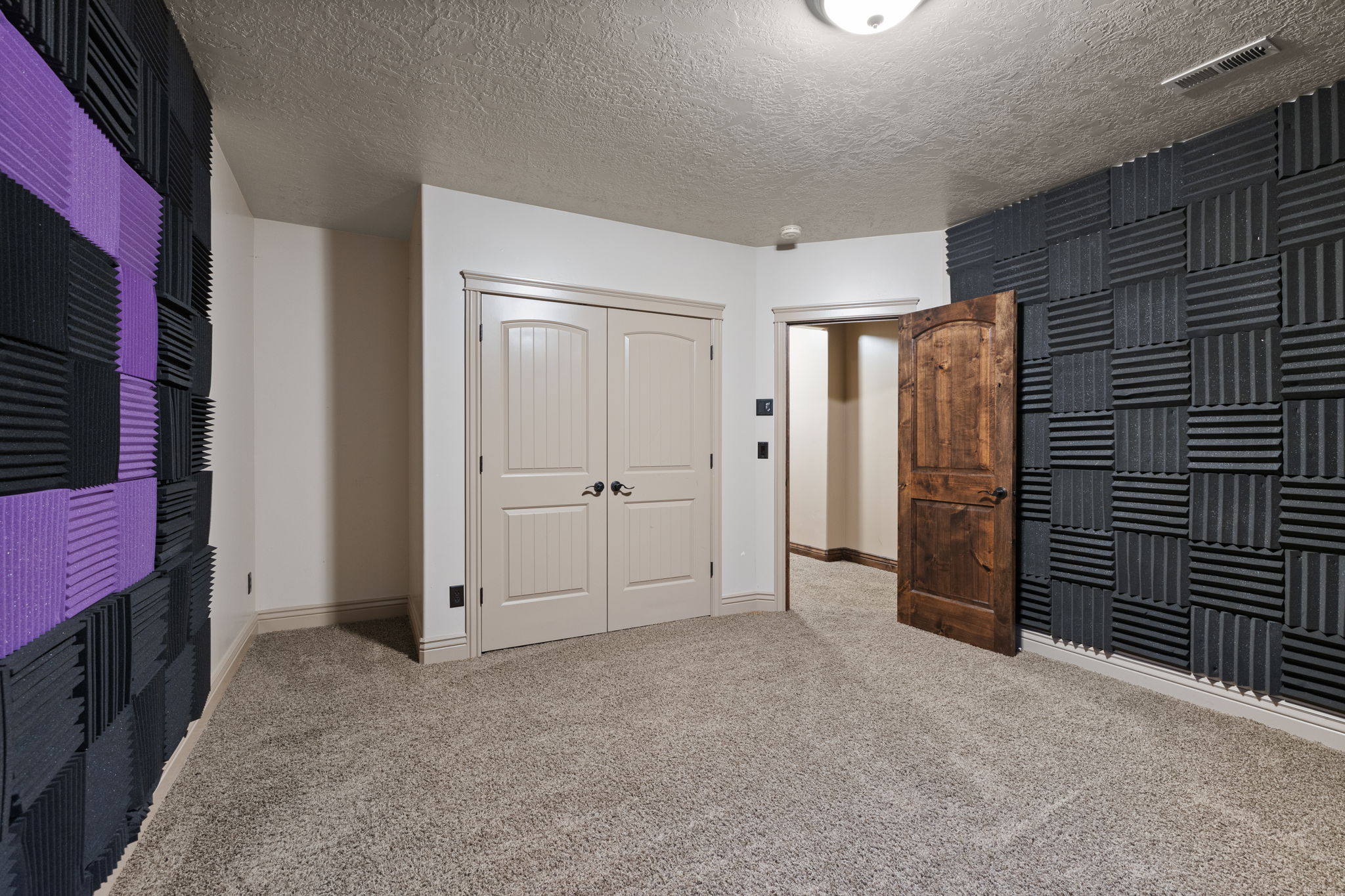 Room featuring sound-absorbing wall panels in black and purple, light beige carpet, white baseboards, and a pair of double doors with dark hardware