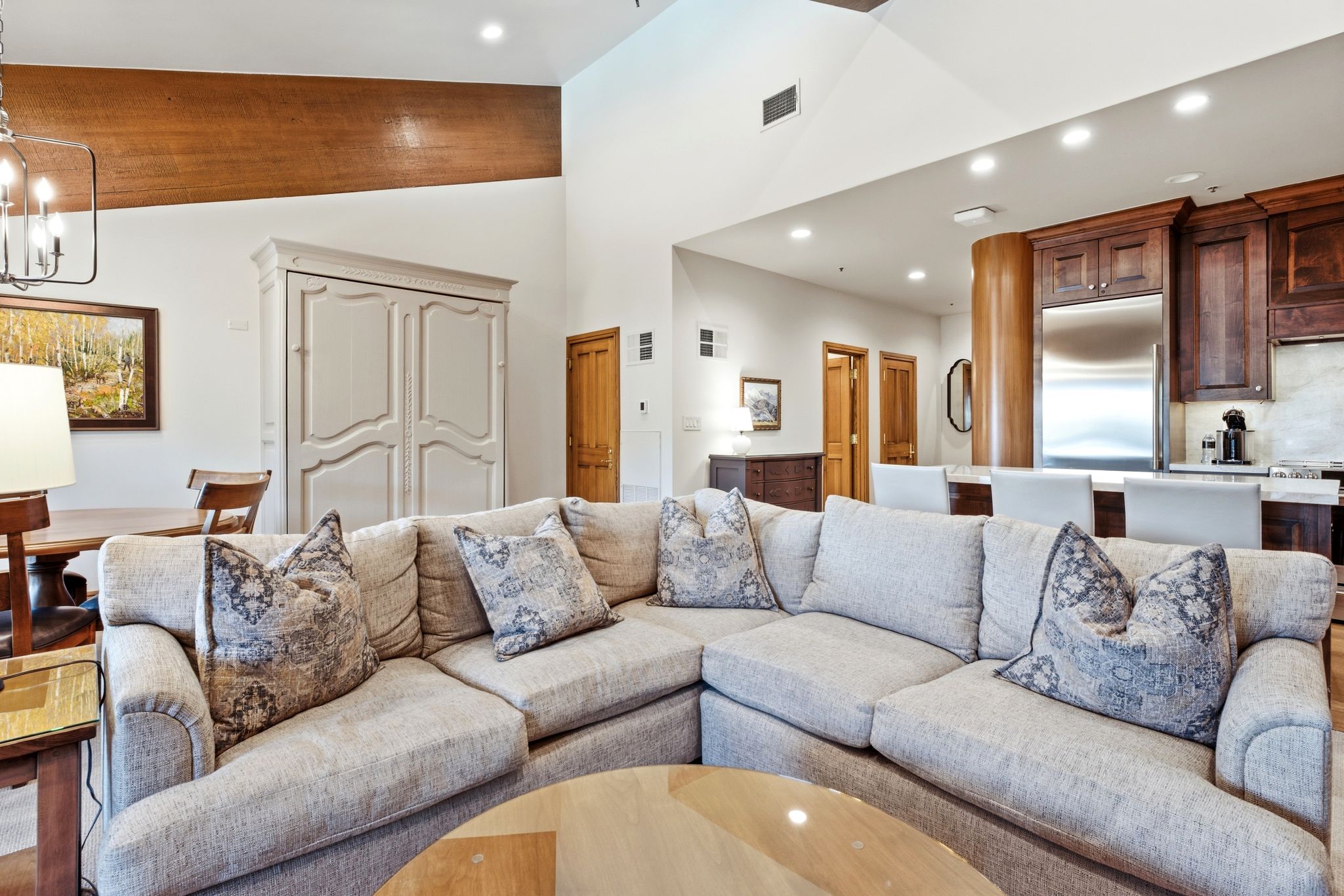 Vaulted ceilings with exposed wood beams